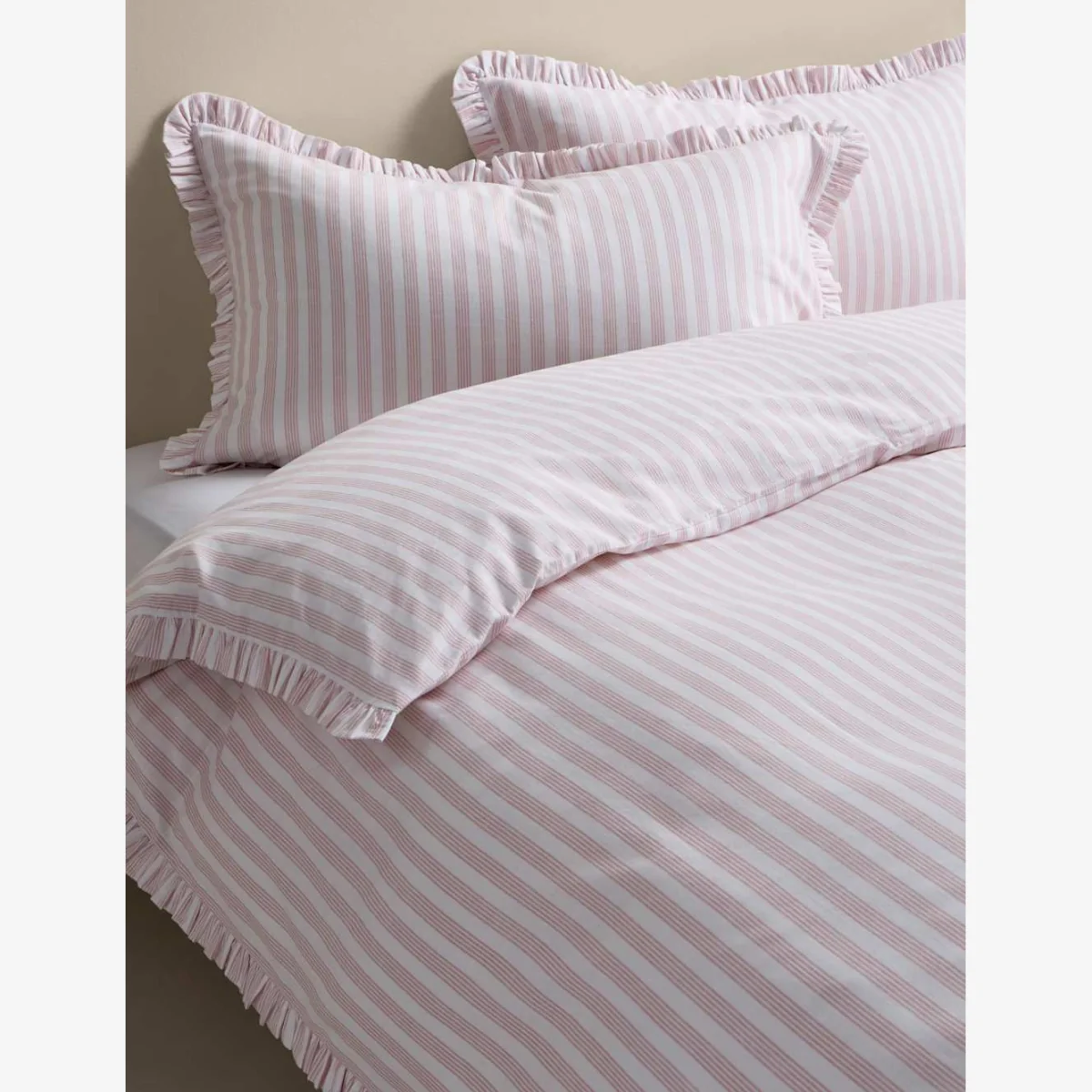 M&S Pure Cotton Narrow Stripe Ruffle Bedding Set Pink Mix – image 1