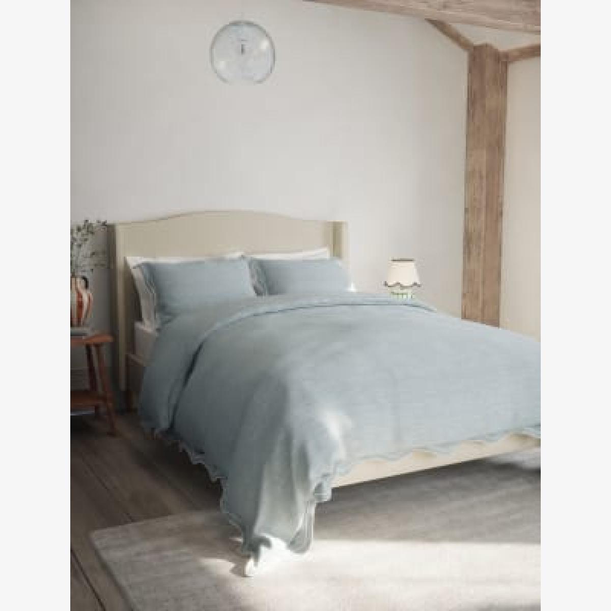 M&S Pure Cotton Embroidered Scalloped Edge Bedding Set - DBL - Chambray, Chambray,Sage