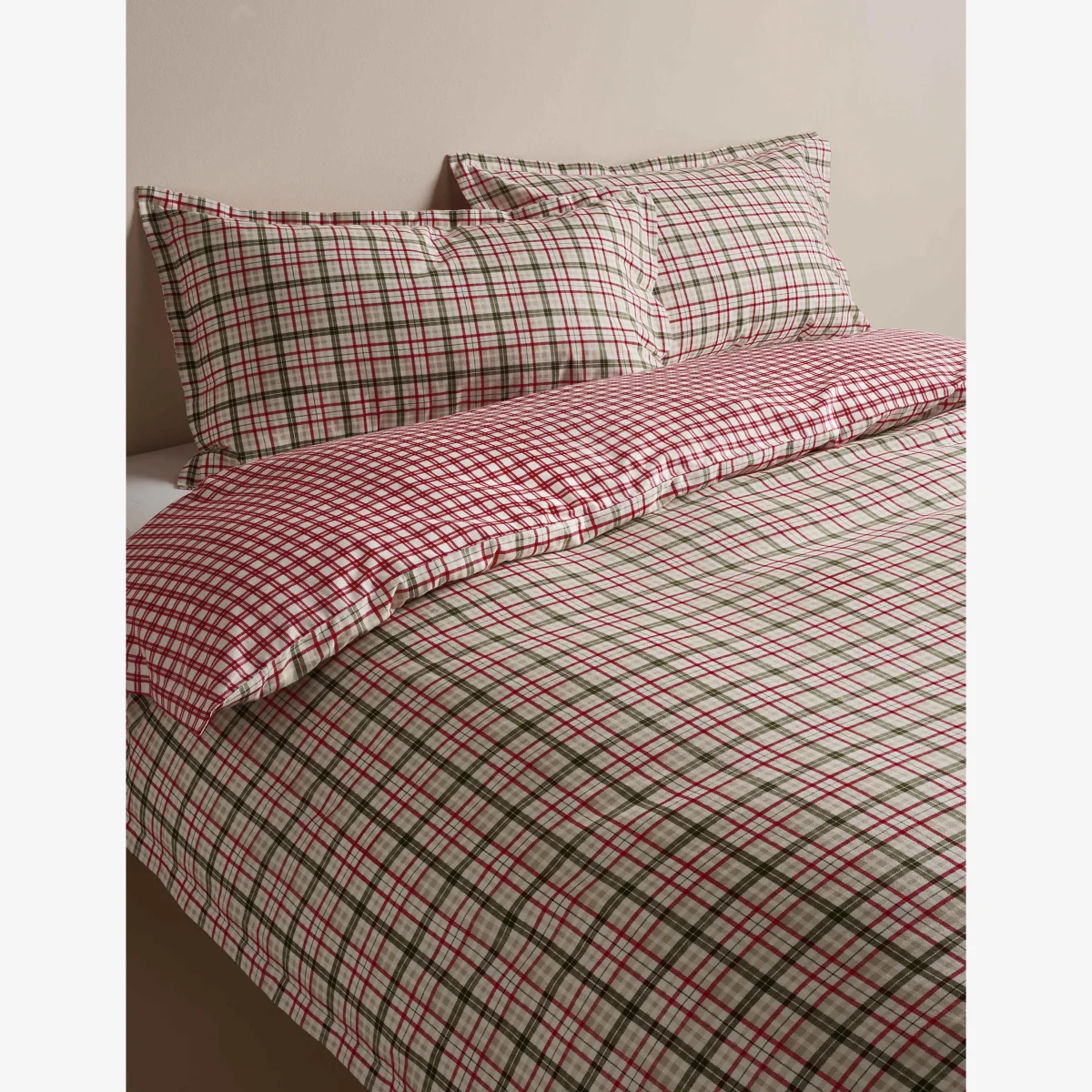 M&S Brushed Cotton Checked Reversible Bedding Set Green Mix
