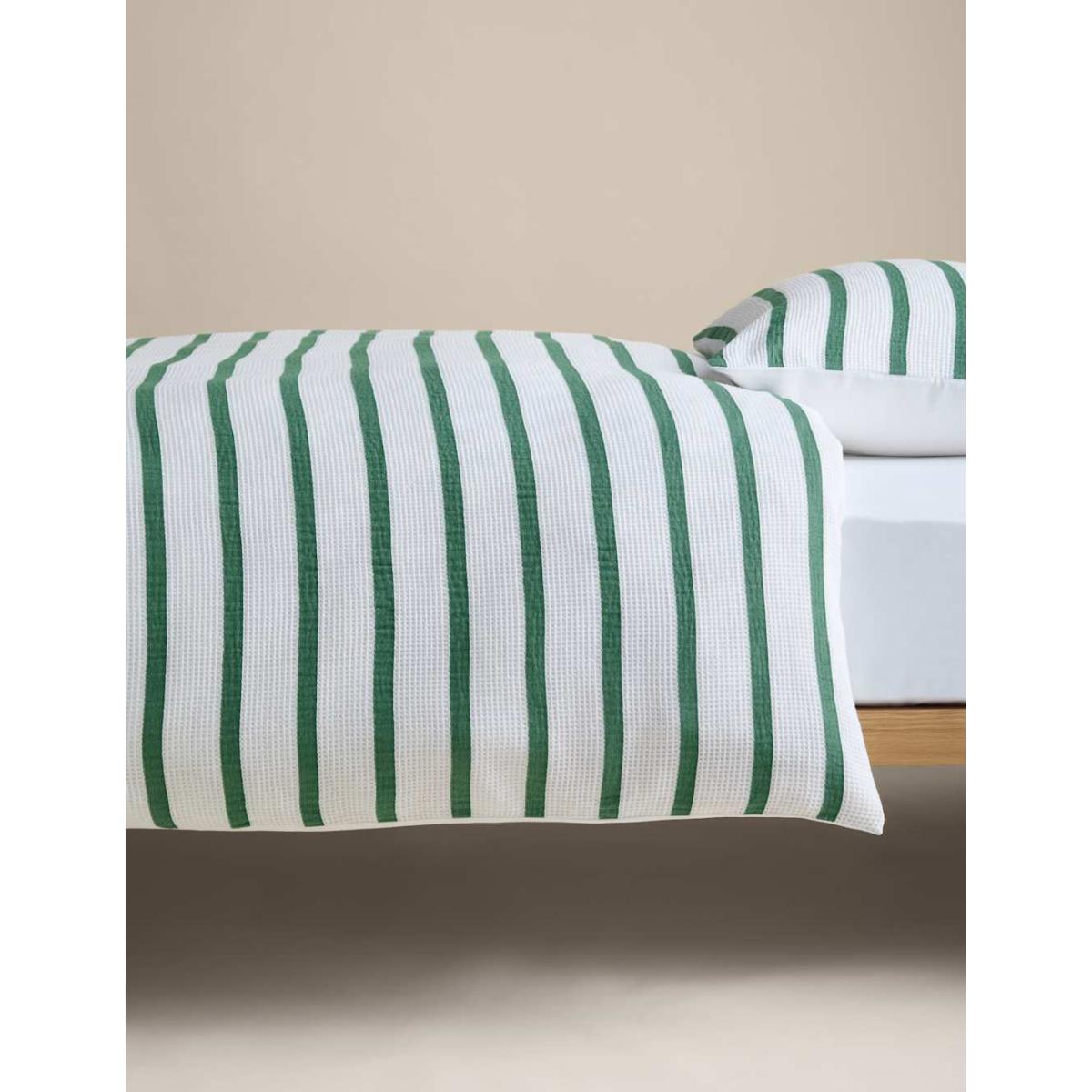 M&S Collection Pure Cotton Contrast Striped Waffle Bedding Set - DBL - Green, Green – image 4