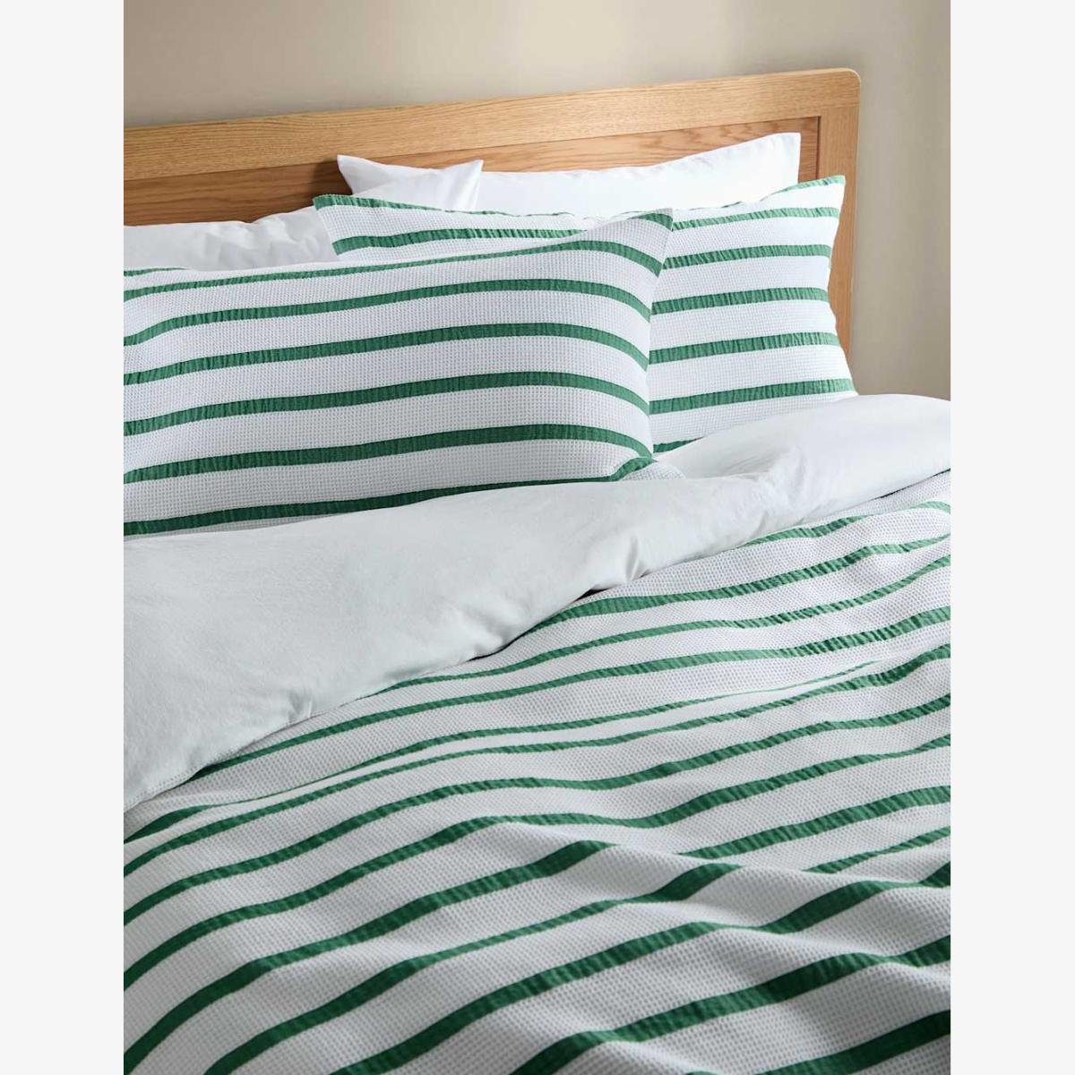 M&S Collection Pure Cotton Contrast Striped Waffle Bedding Set - DBL - Green, Green – image 1