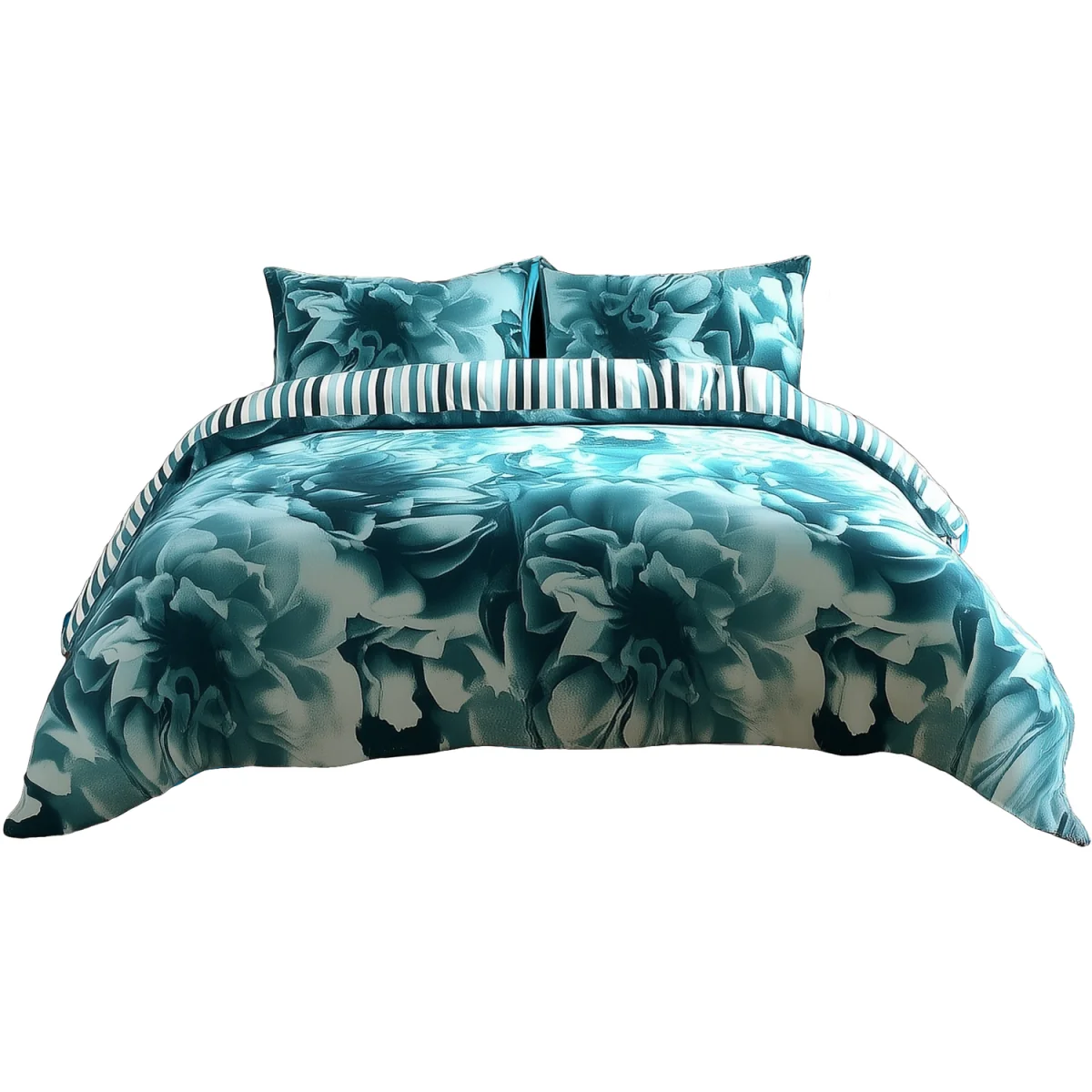 Duvet Cover And Pillowcase Set Reversible Rose And Stripe Design Polycotton Bed Linen - Teal / Single – image 2