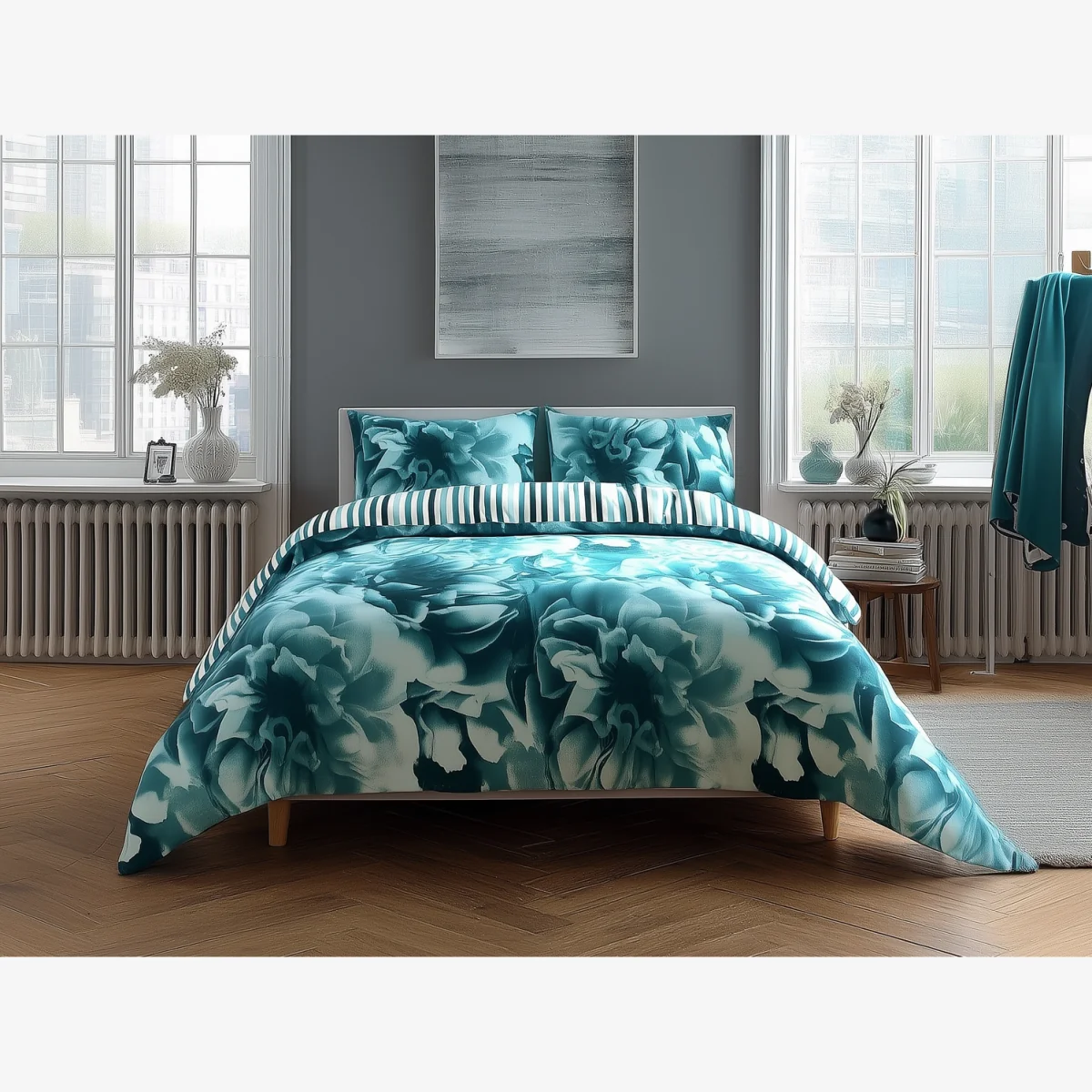 Duvet Cover And Pillowcase Set Reversible Rose And Stripe Design Polycotton Bed Linen - Teal / Single – image 1