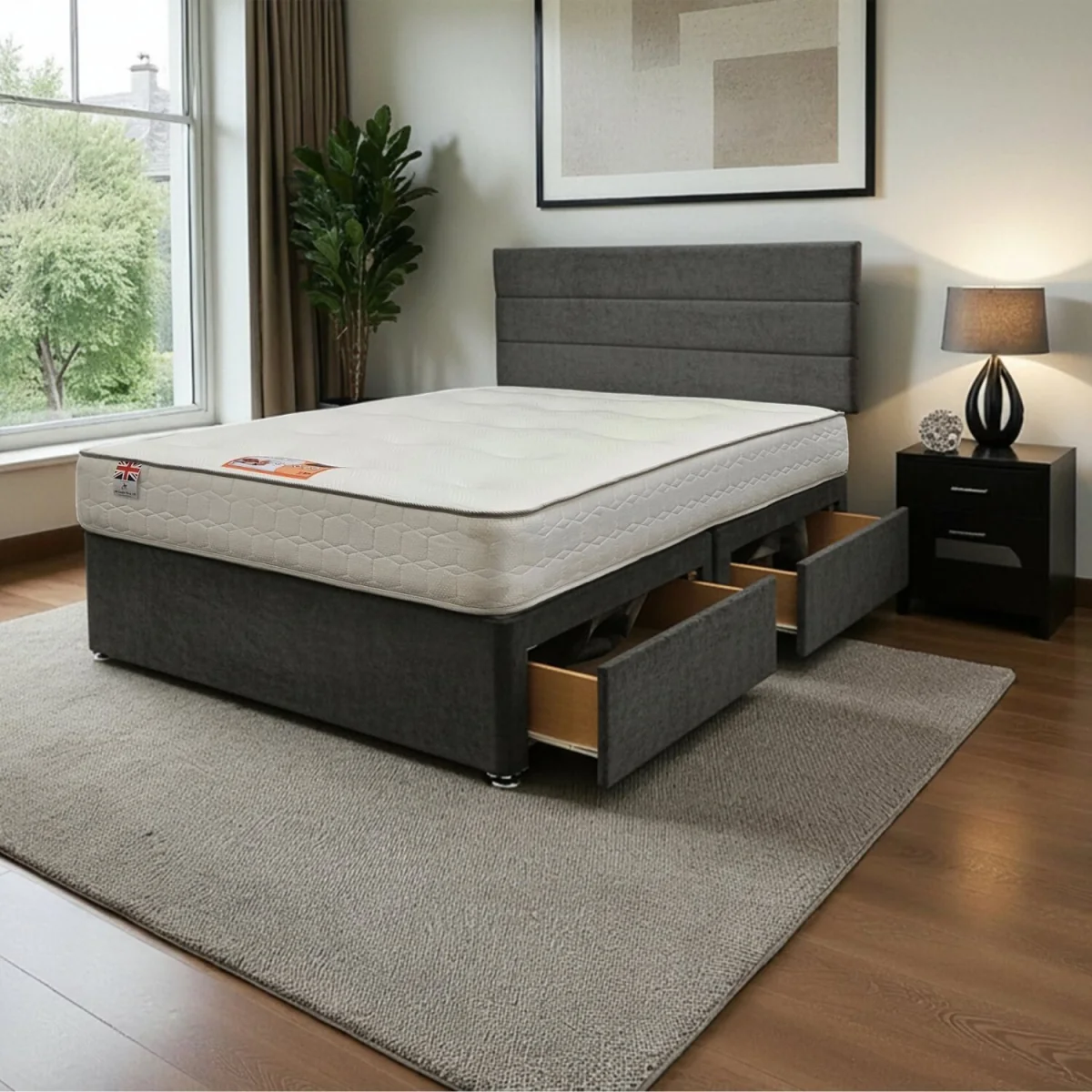 York Hybrid Sprung Orthopaedic Bed Set & Upholstered Headboard Plush - Charcoal / Super King – image 2