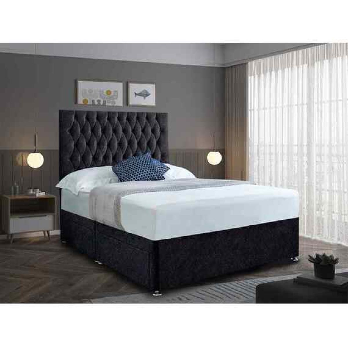 Jemma Divan Bed Set with Headboard Mattress-Crushed Fabric,2 Drawers Left Side - Black / Single