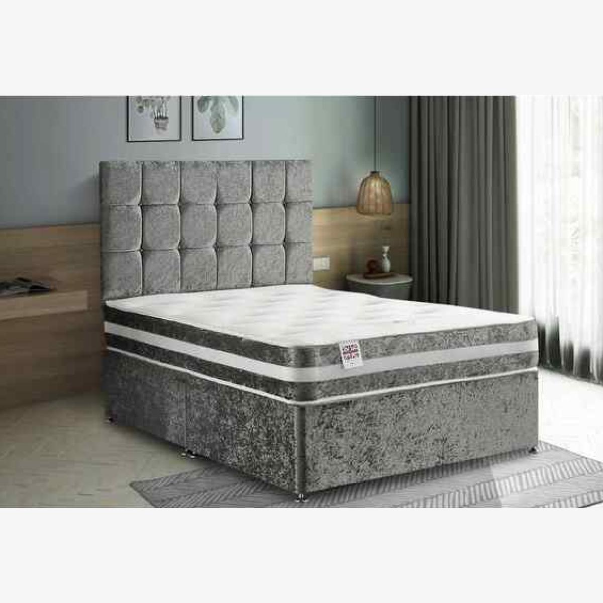 Delia Divan Bed Set with Headboard Mattress-Plush Fabric, 2 Drawers Left Side - Steel / Grey / Double