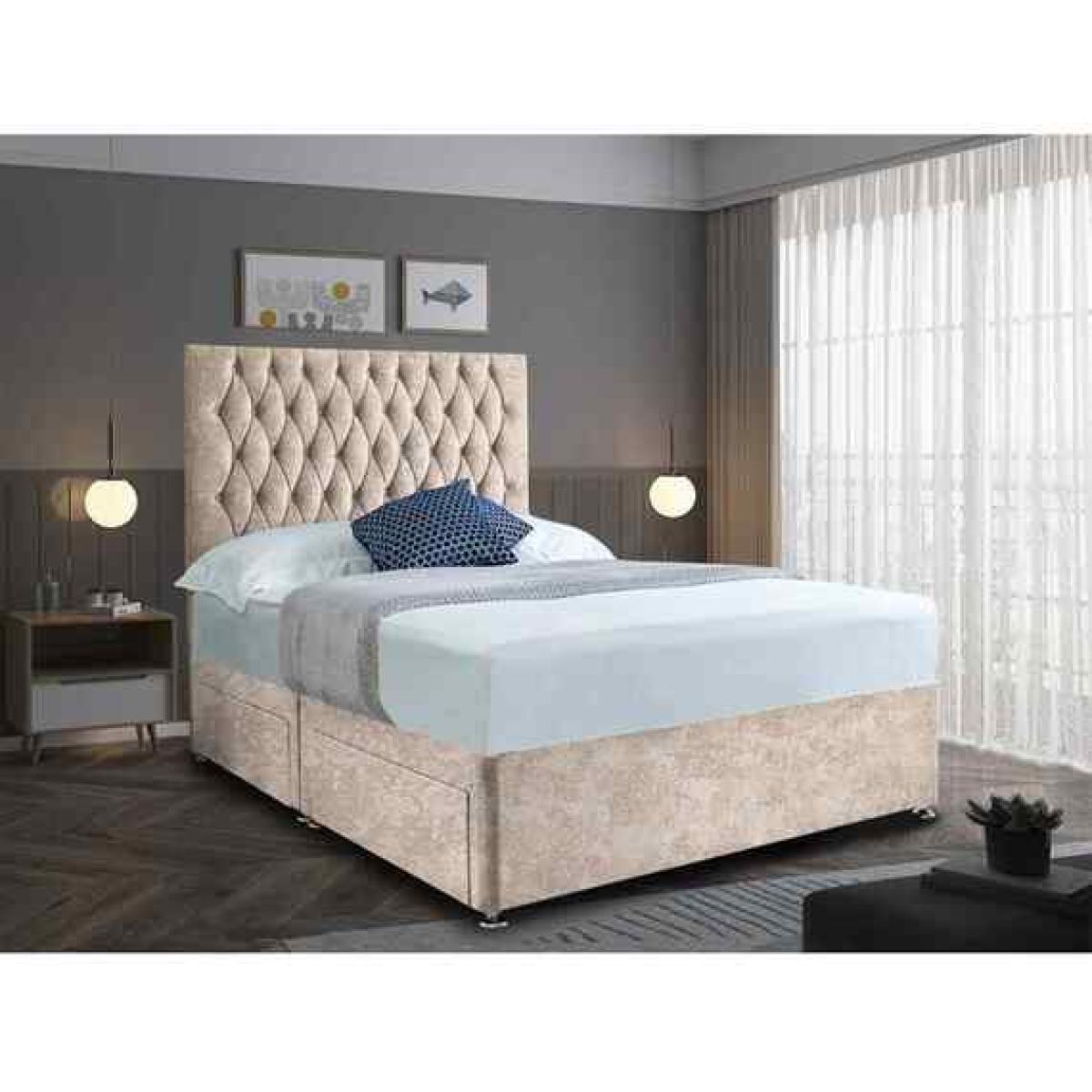 Jemma Divan Bed Set with Headboard Mattress-Crushed Fabric,2 Drawers Left Side - Cream / Yellow / Superking / Super King