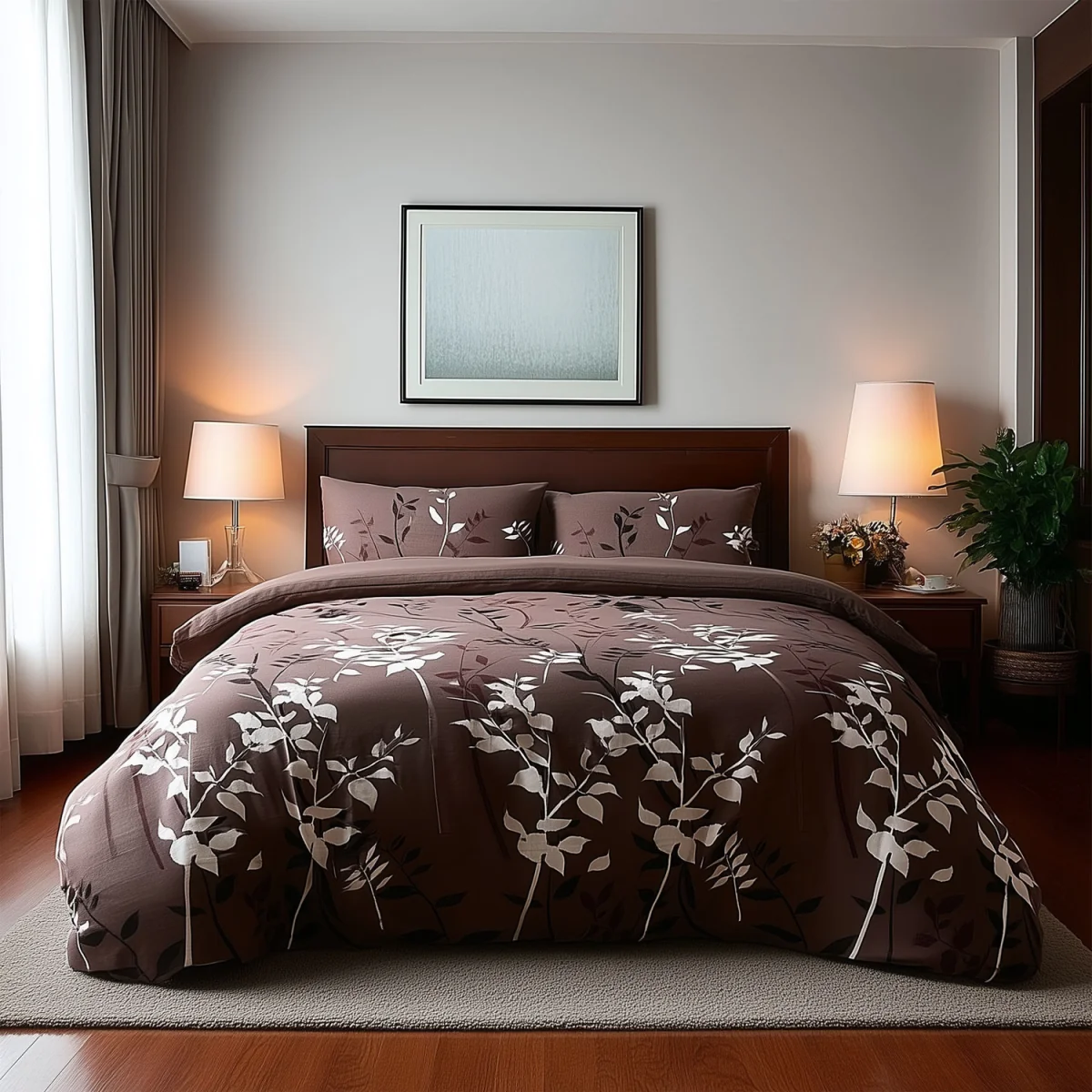 Duvet Cover And Pillowcase Set Floral Leaf Design Polycotton Bed Linen - Brown / Superking – image 1