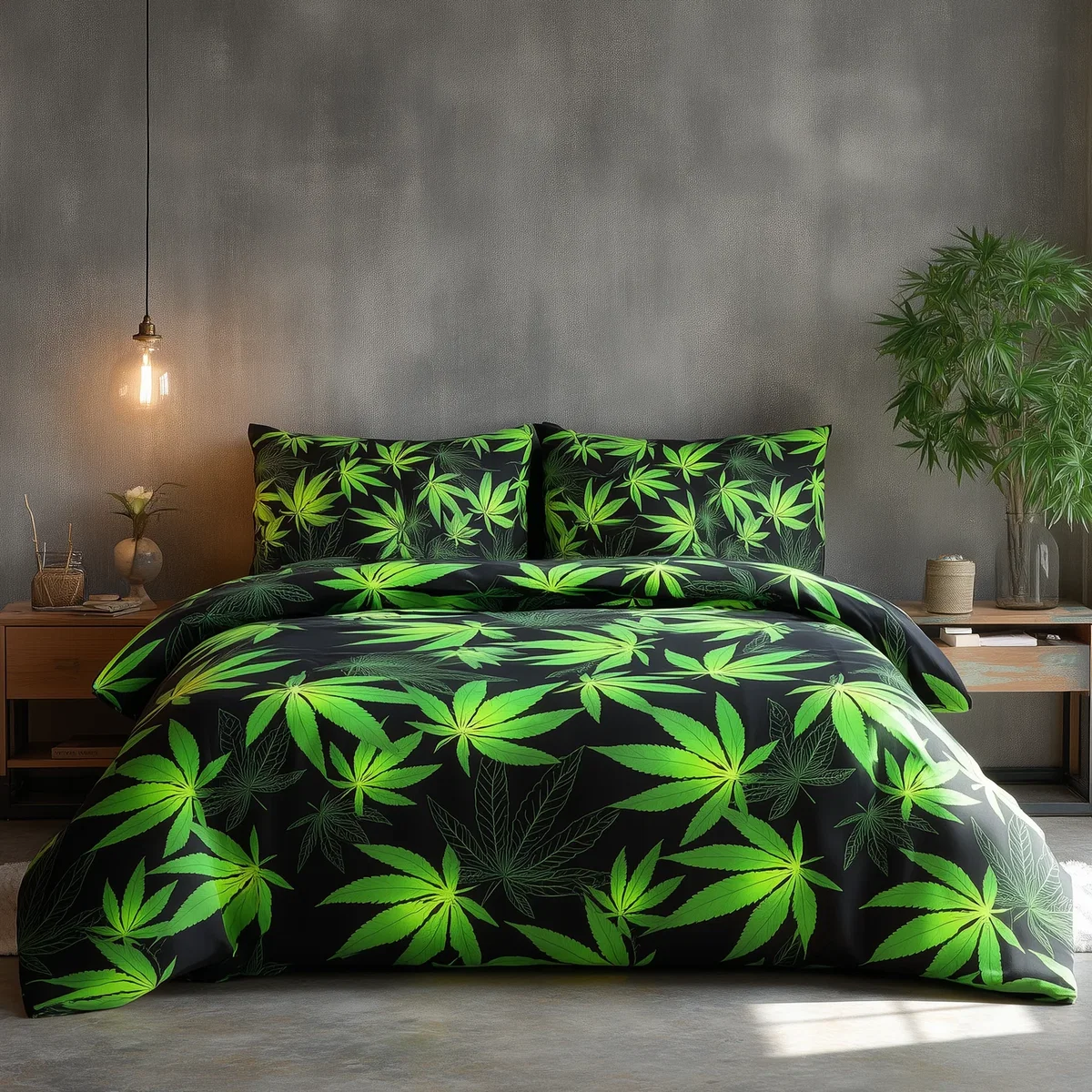 Duvet Cover And Pillowcase Set Black Or White Cannabis Design Polycotton Bed Linen - Black / Superking – image 1