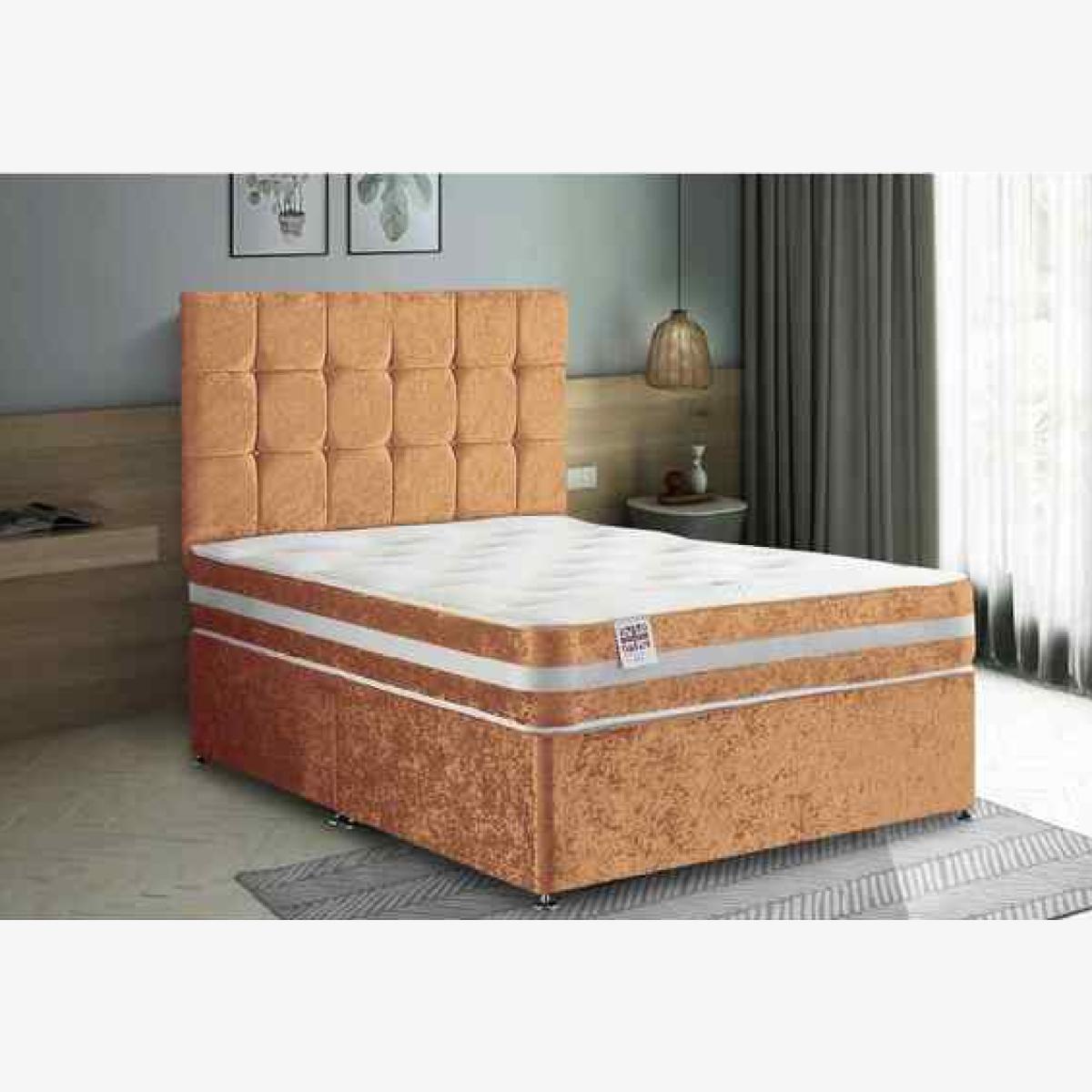 Delia Divan Bed Set with Headboard Mattress-Plush Fabric, 2 Drawers Right Side - Mustard / Yellow / Superking / Super King