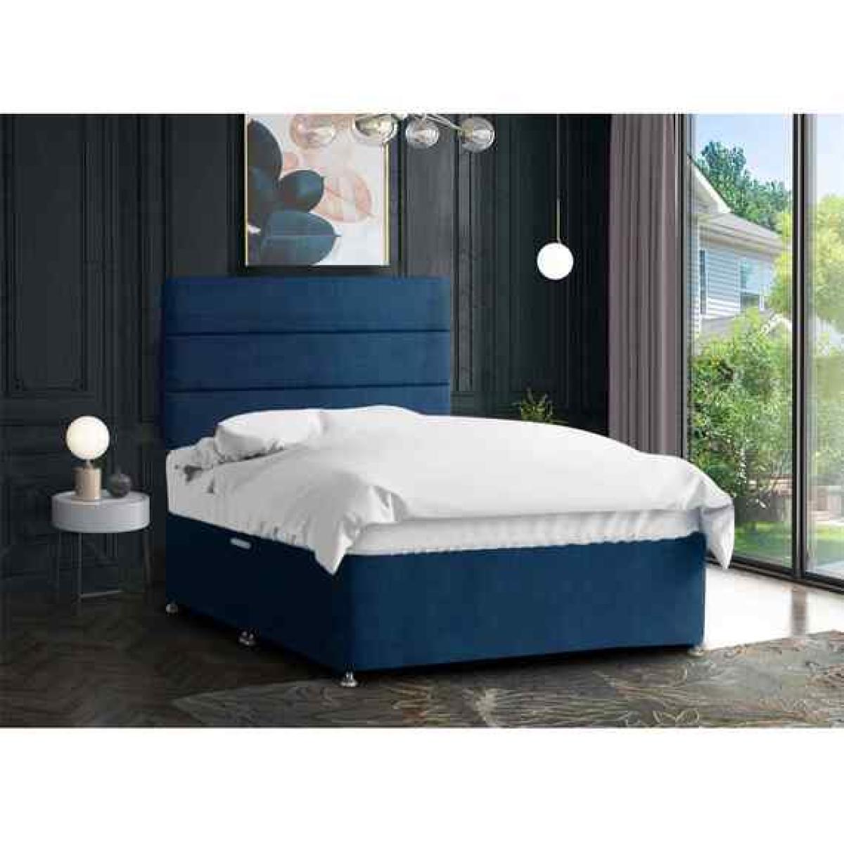 Harmony Divan Bed Set with Tall Headboard Mattress-Plush, 2 Drawers Right Side - Blue / Superking / Super King