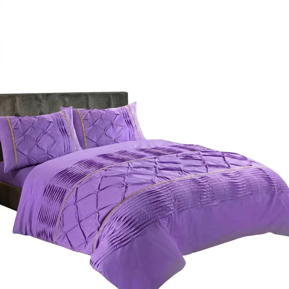 Duvet Cover And Pillowcase Set Silver Black Red Lilac White Pintuck Pleated Design Polycotton Linen - Lilac / King – image 2