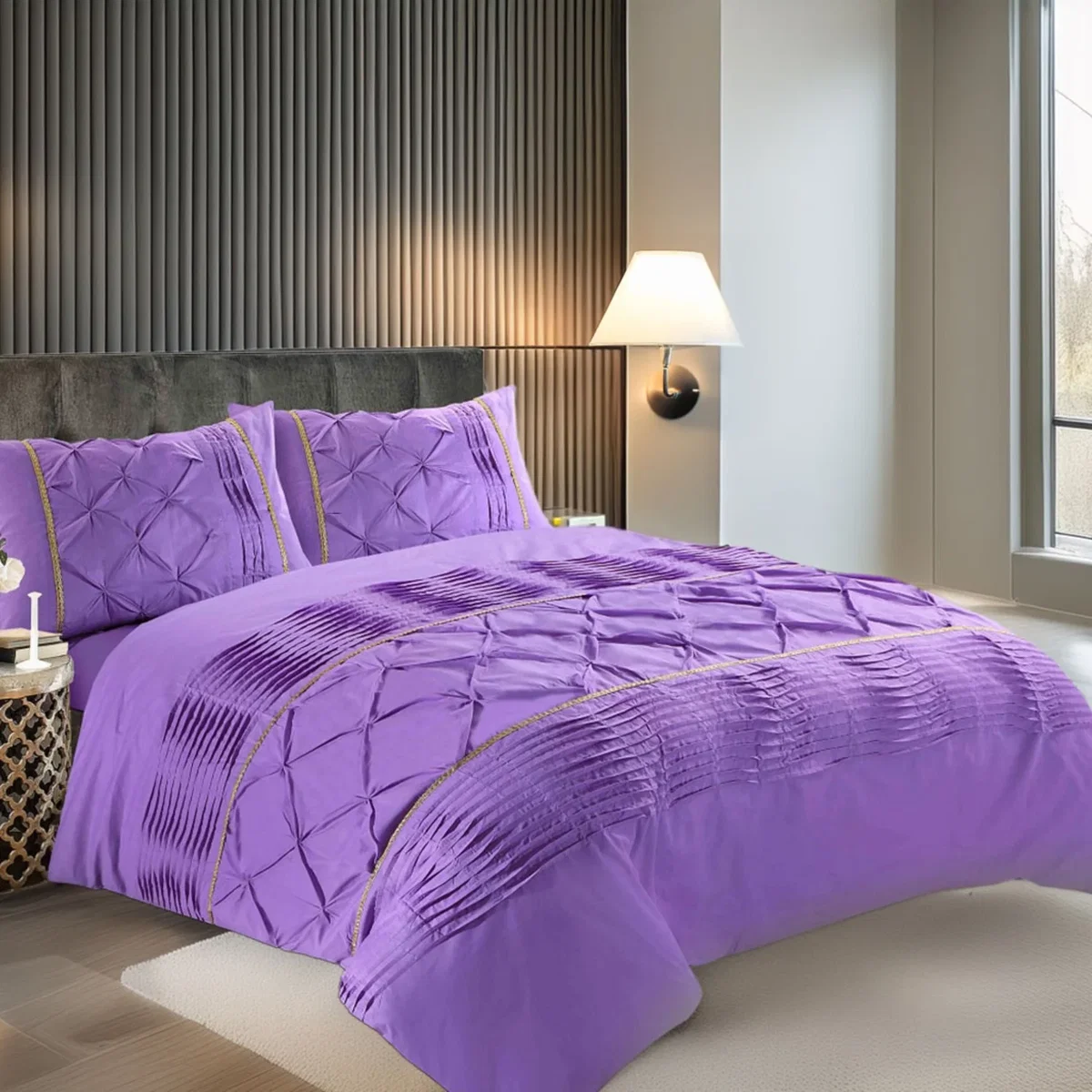 Duvet Cover And Pillowcase Set Silver Black Red Lilac White Pintuck Pleated Design Polycotton Linen - Lilac / King – image 1