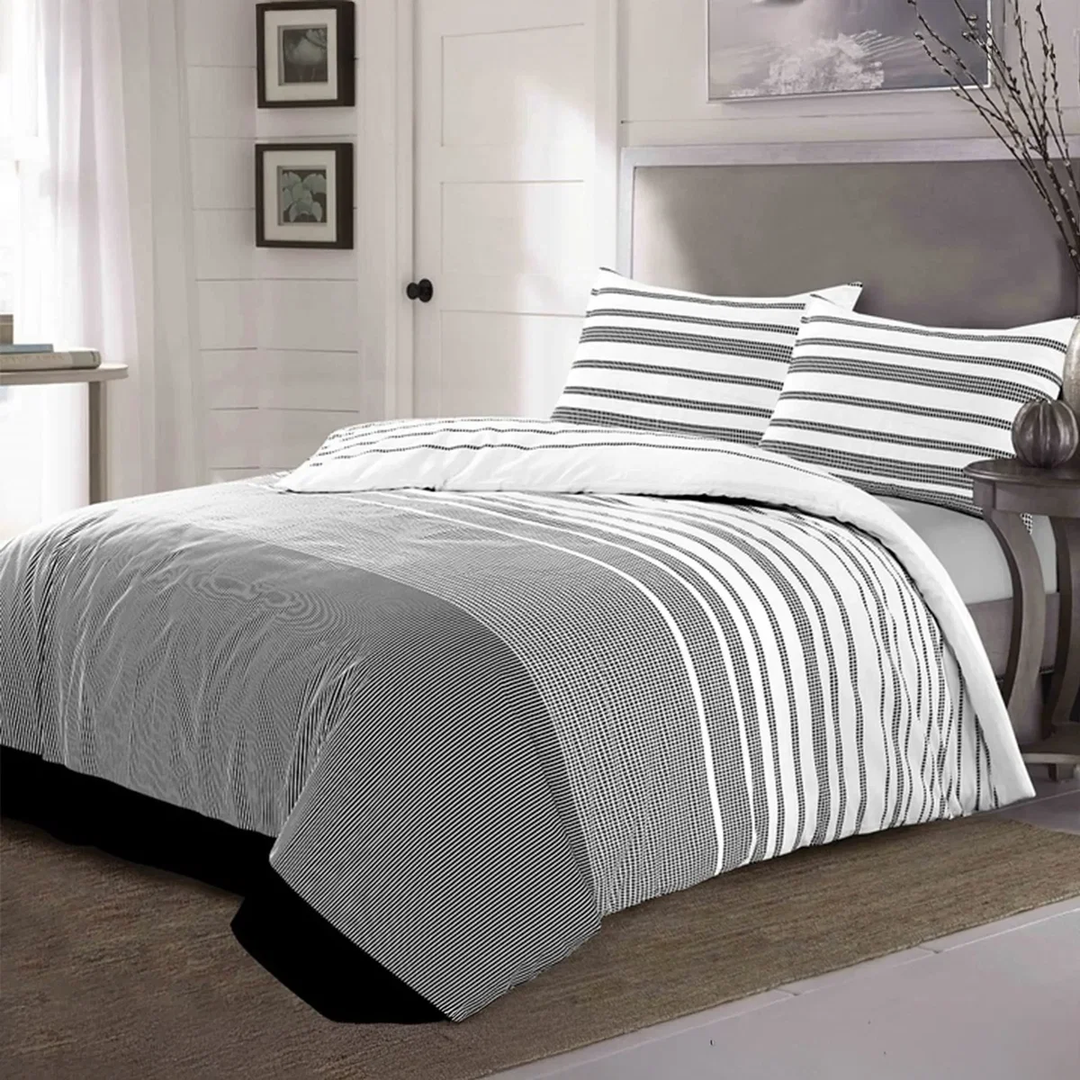 Duvet Cover And Pillowcase Set Black Stripe Monochrome Design Polycotton Bed Linen - Black / Single – image 1