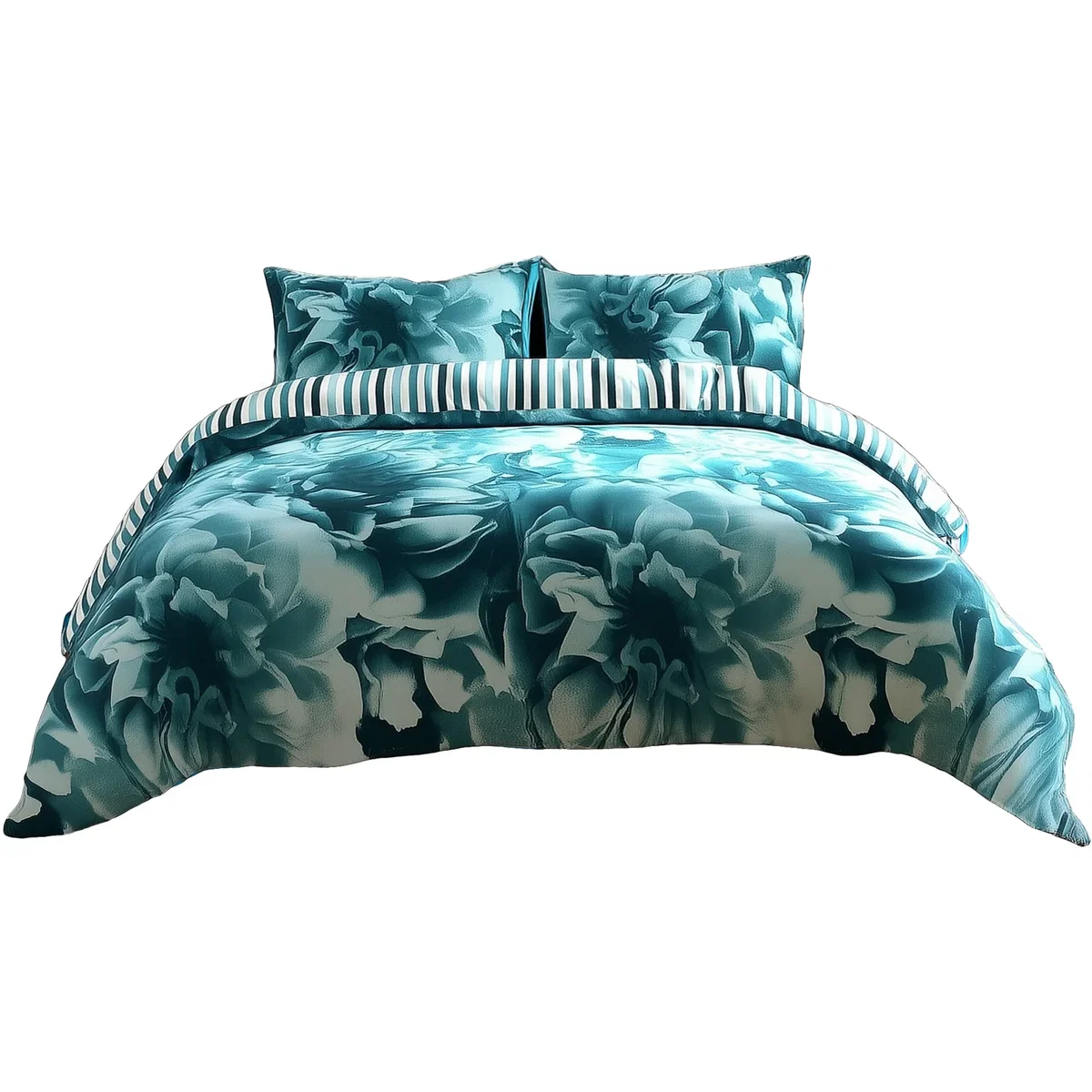 Duvet Cover And Pillowcase Set Reversible Rose And Stripe Design Polycotton Bed Linen - Teal / Superking – image 2