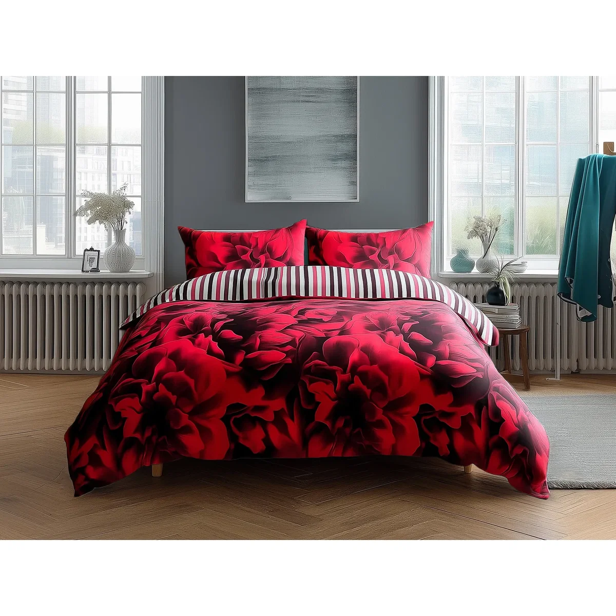 Duvet Cover And Pillowcase Set Reversible Rose And Stripe Design Polycotton Bed Linen - Teal / Superking – image 3