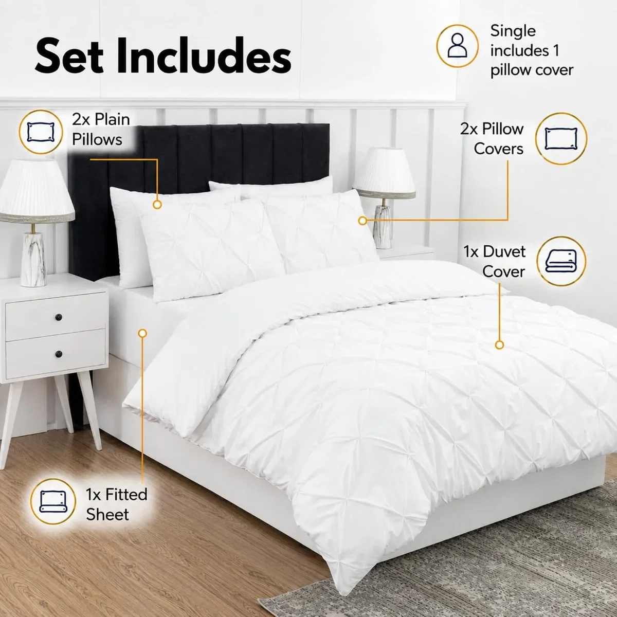 5 Piece Pintuck Duvet Cover Set with Fitted Sheet, Matching & Plain Pillowcases - White / Single – image 2