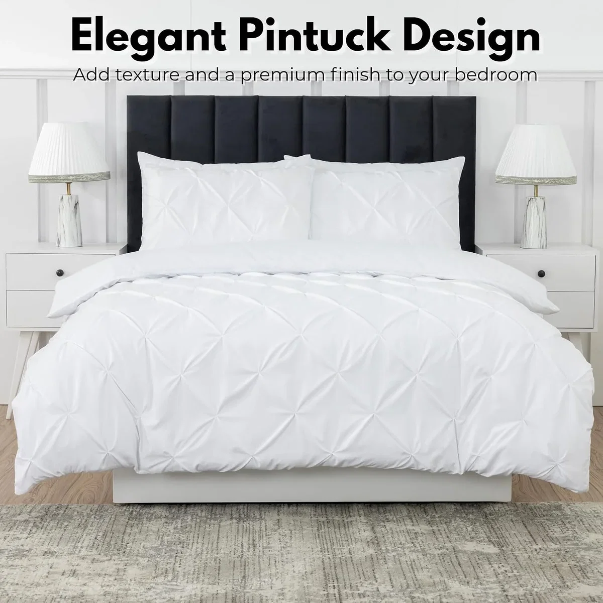 5 Piece Pintuck Duvet Cover Set with Fitted Sheet, Matching & Plain Pillowcases - White / Single – image 7