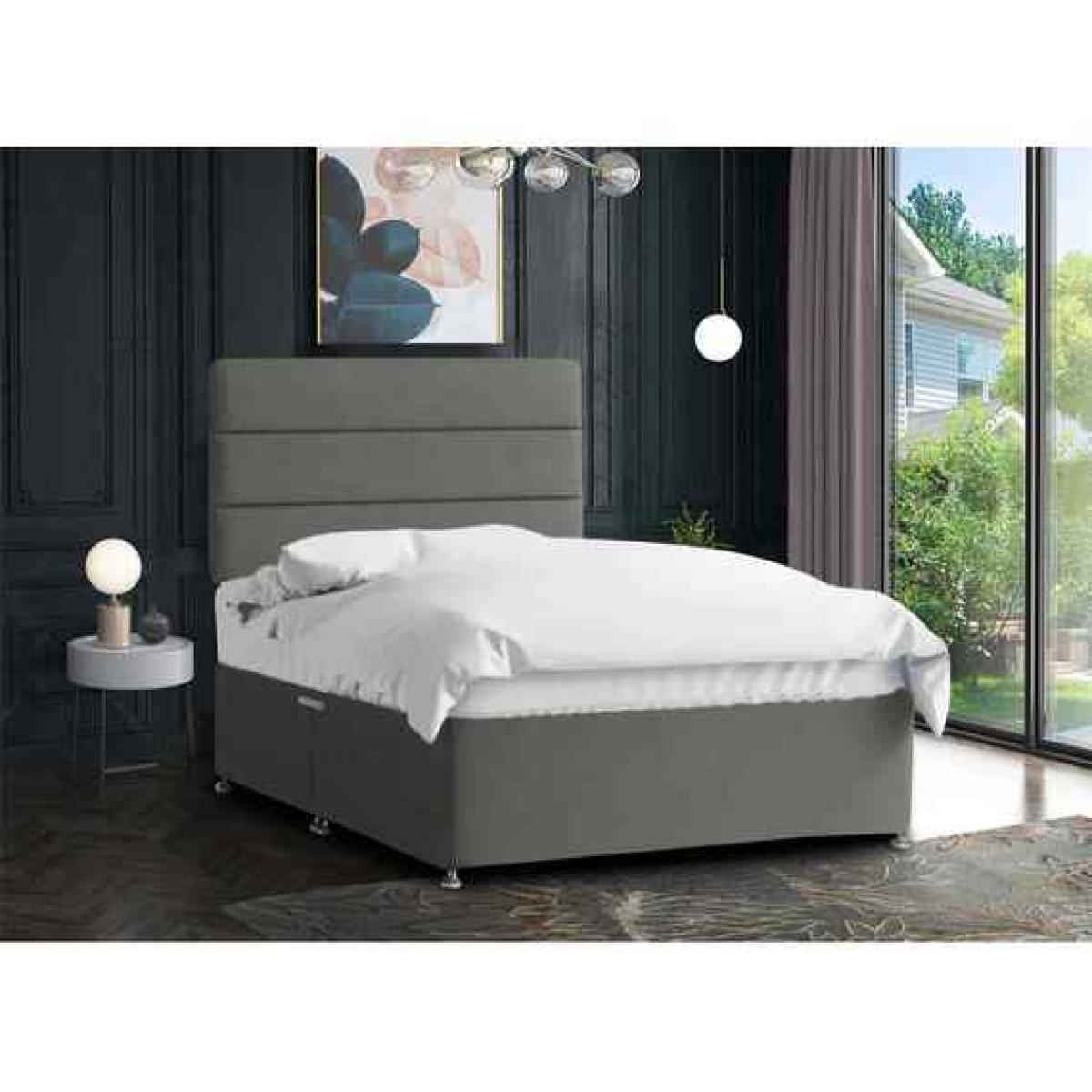 Harmony Divan Bed Set with Tall Headboard Mattress-Plush, 2 Drawers Left Side - Grey / Steel / Double