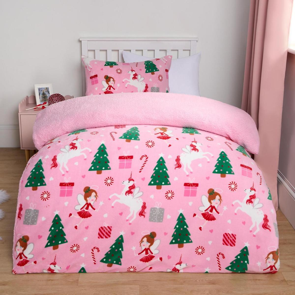 Christmas Unicorn Sherpa Duvet Set - Pink