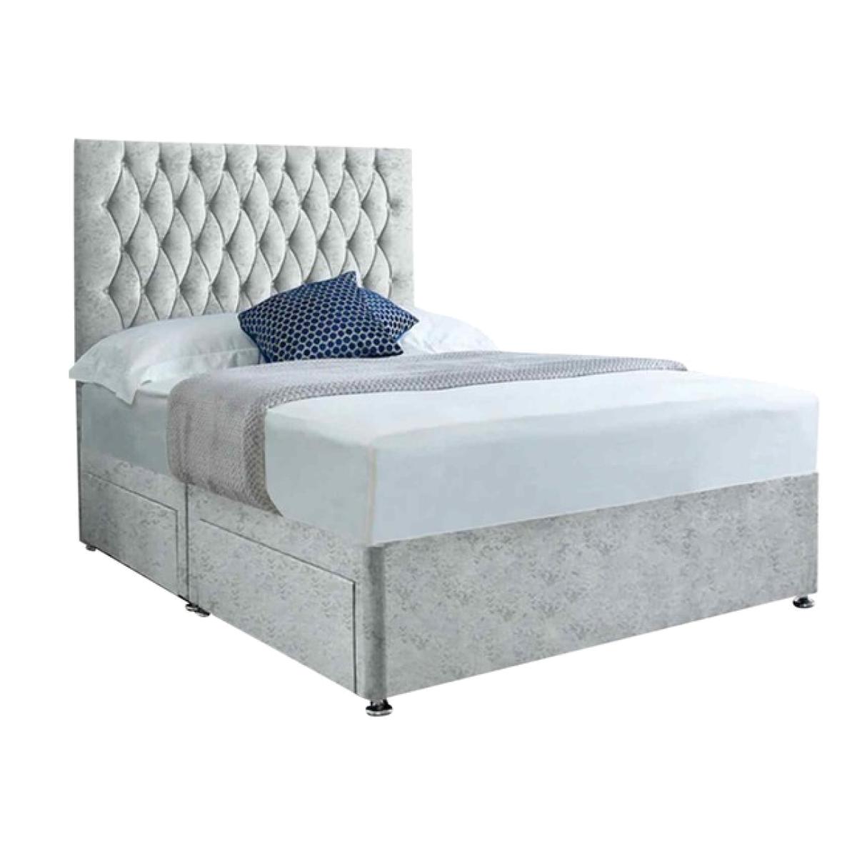 Jemma Divan Bed Set with Headboard and Mattress - Crushed Fabric, Non Storage - Silver / Superking