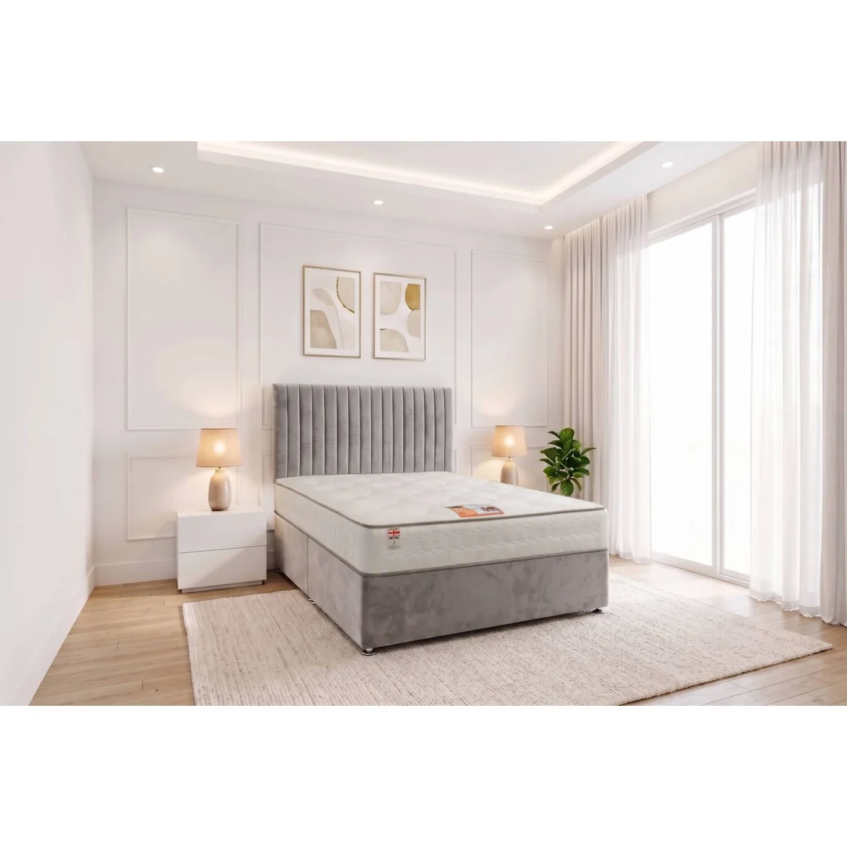 Emily Plush Velvet Divan Bed Set with Princess Mattress and Headboard - Silver / King – image 1