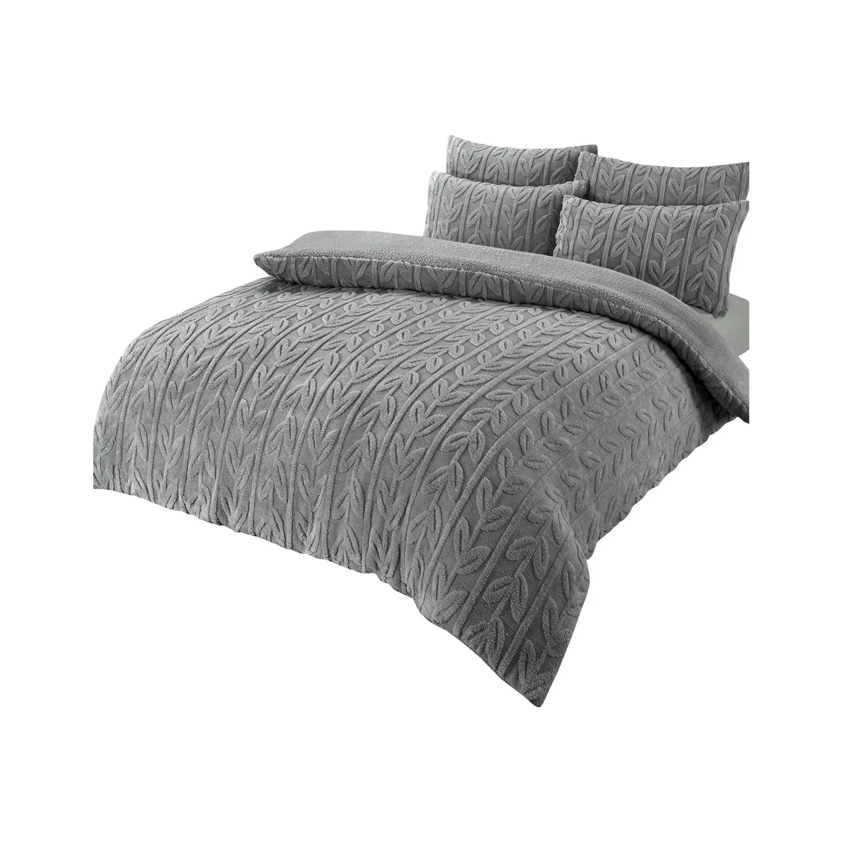 Leaf Printed Teddy Duvet Set - Grey / King