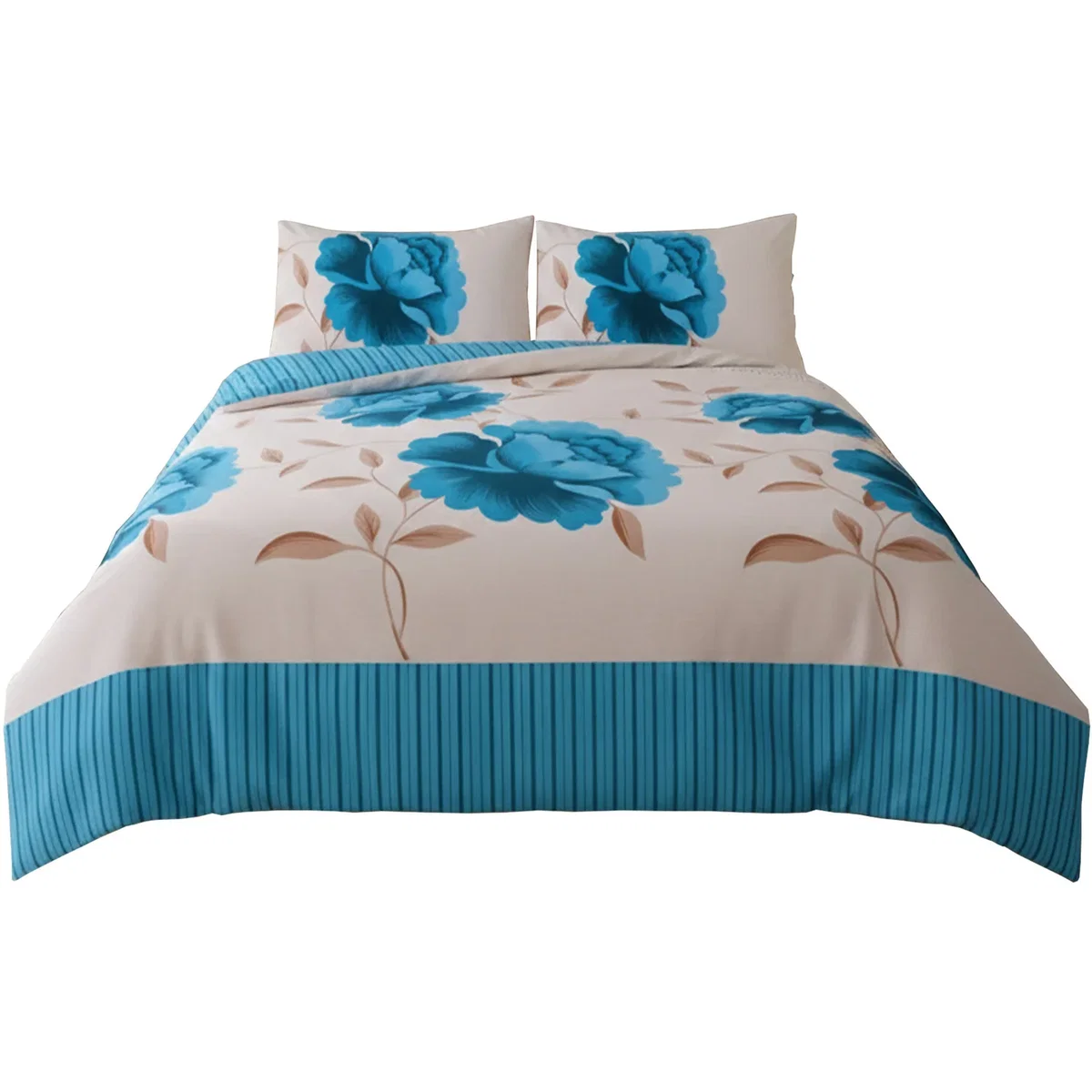 Reversible Floral Duvet Set Elegant Flower Stripe Pattern Bedding for Home Decor - Teal / Superking – image 2