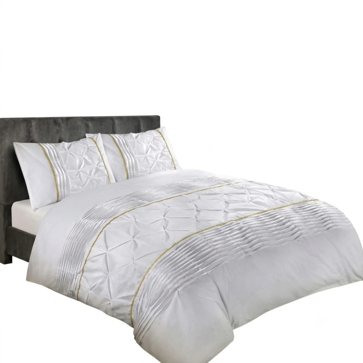 Duvet Cover And Pillowcase Set Silver Black Red Lilac White Pintuck Pleated Design Polycotton Linen - White / Single – image 2