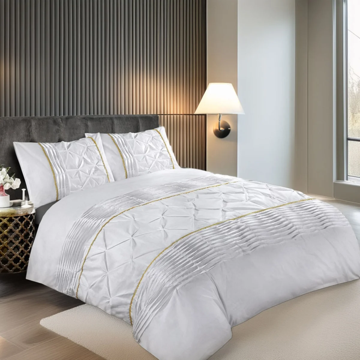 Duvet Cover And Pillowcase Set Silver Black Red Lilac White Pintuck Pleated Design Polycotton Linen - White / Single – image 1