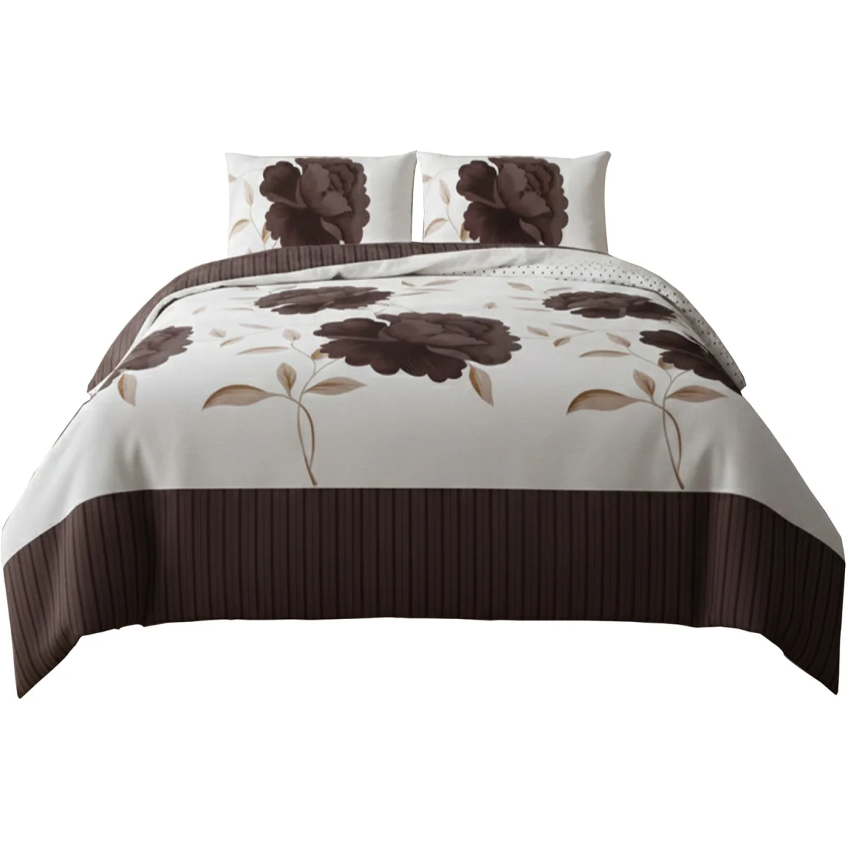Reversible Floral Duvet Set Elegant Flower Stripe Pattern Bedding for Home Decor - Chocolate / Superking – image 2