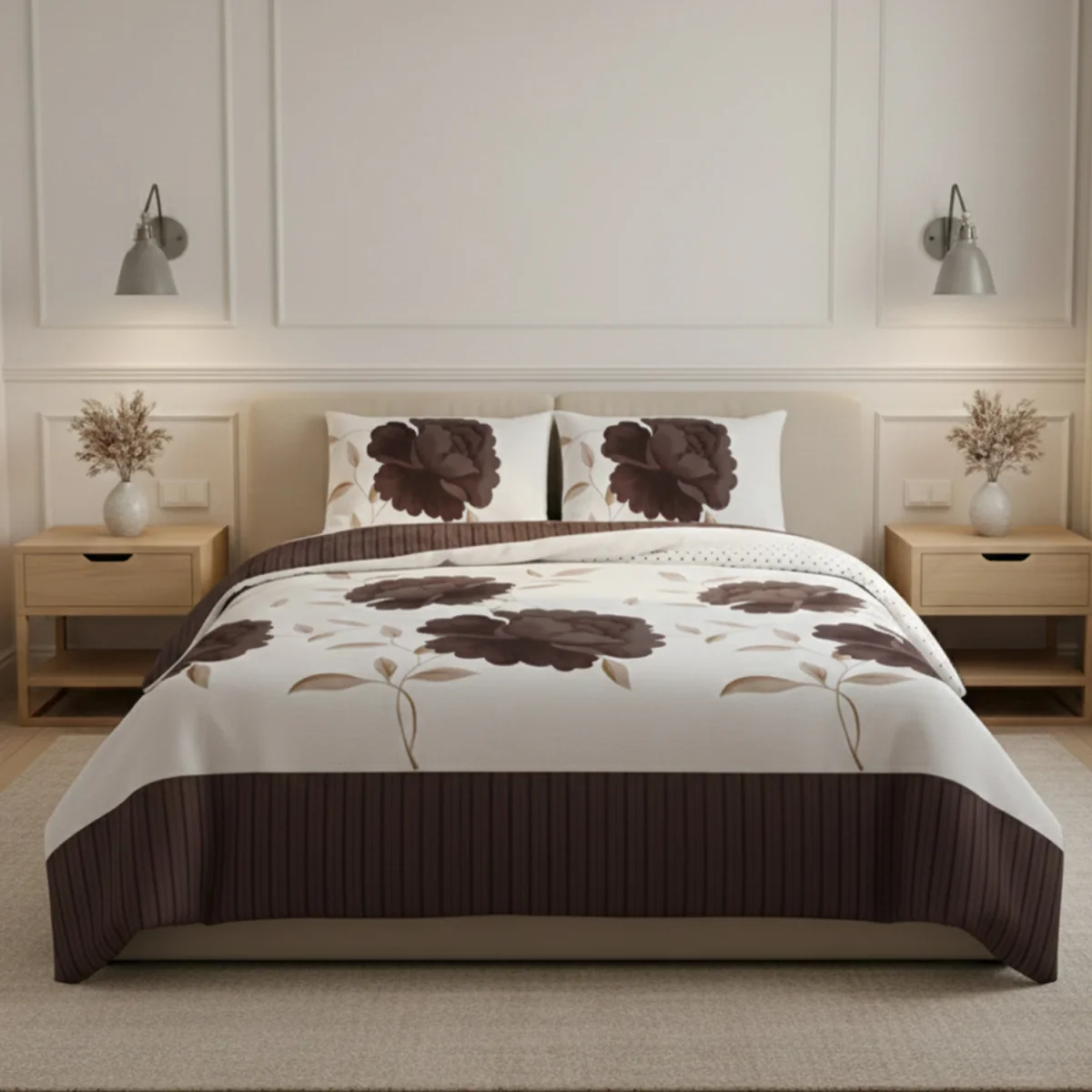 Reversible Floral Duvet Set Elegant Flower Stripe Pattern Bedding for Home Decor - Chocolate / Superking – image 1