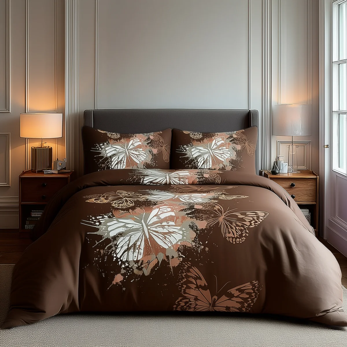 Duvet Cover And Pillowcase Set Purple Pink Chocolate Butterfly Design Polycotton Bed Linen - Chocolate / King – image 1