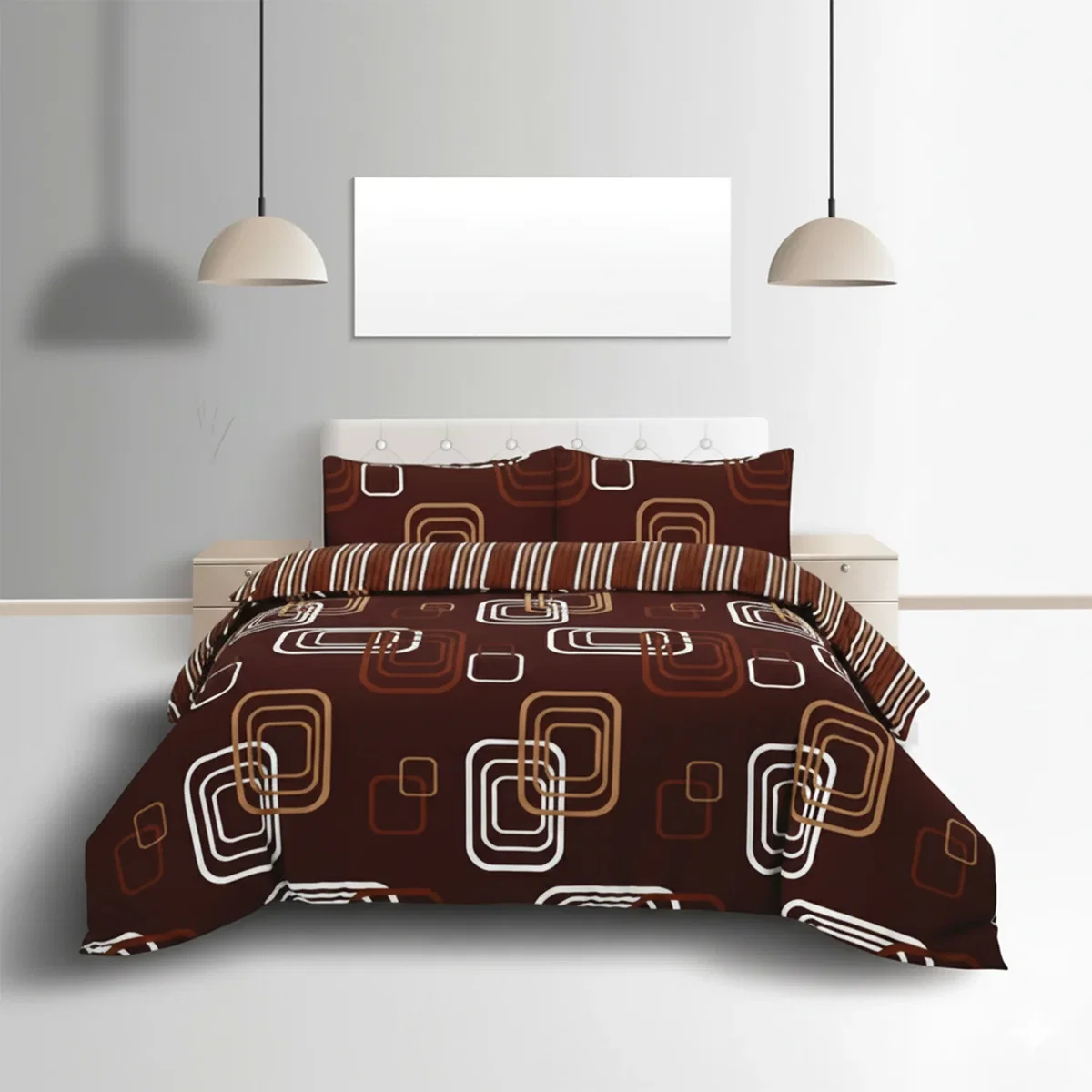 Duvet Cover And Pillowcase Set Geometric Square Design Polycotton Bed Linen - Chocolate / Superking – image 1