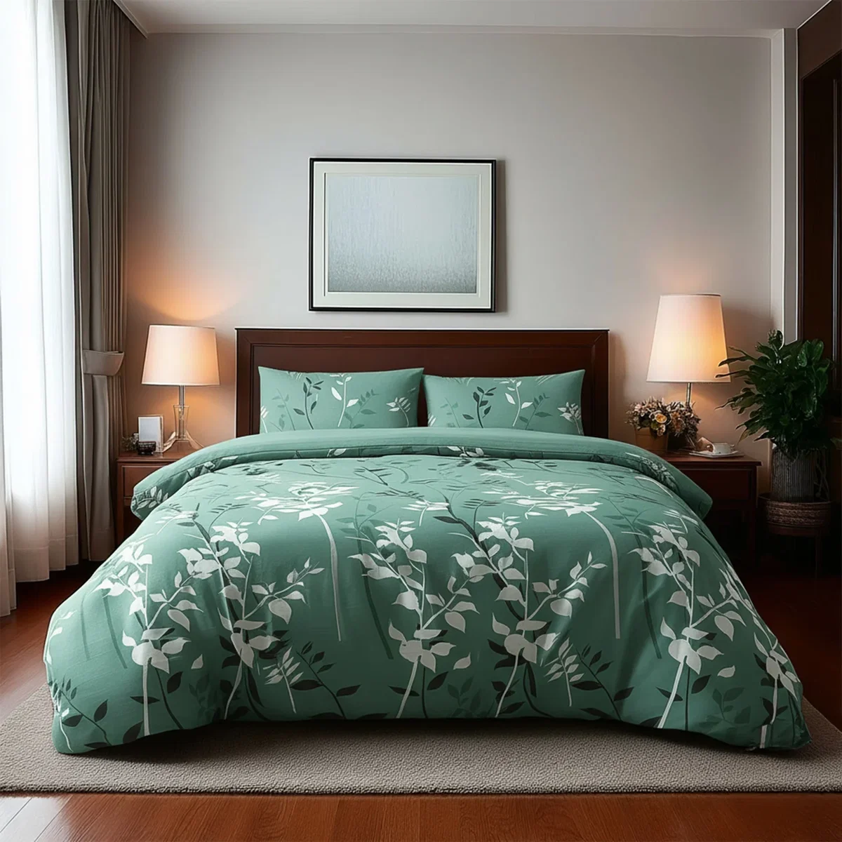 Duvet Cover And Pillowcase Set Floral Leaf Design Polycotton Bed Linen - Duckegg / Superking – image 1