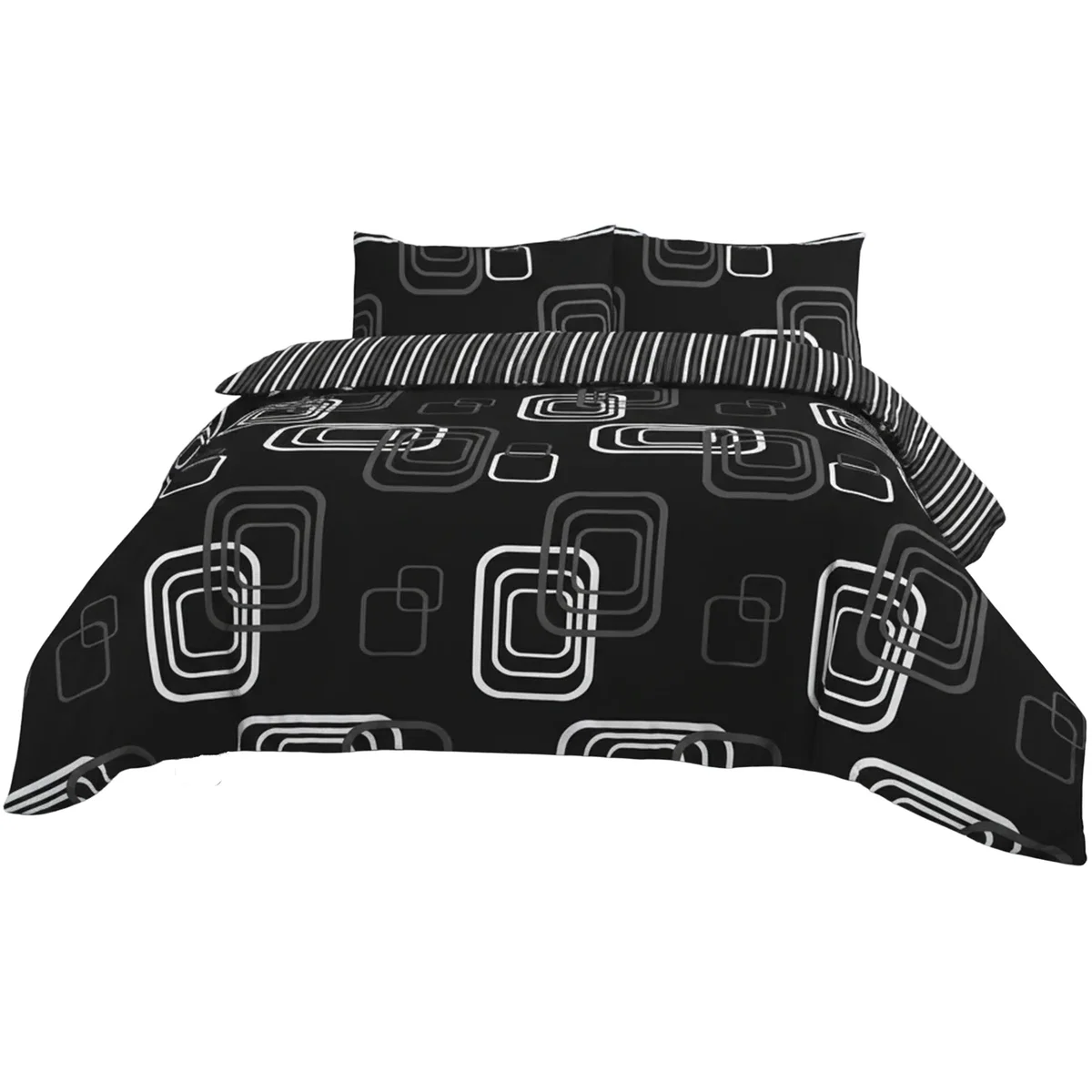 Duvet Cover And Pillowcase Set Geometric Square Design Polycotton Bed Linen - Black / Double – image 2