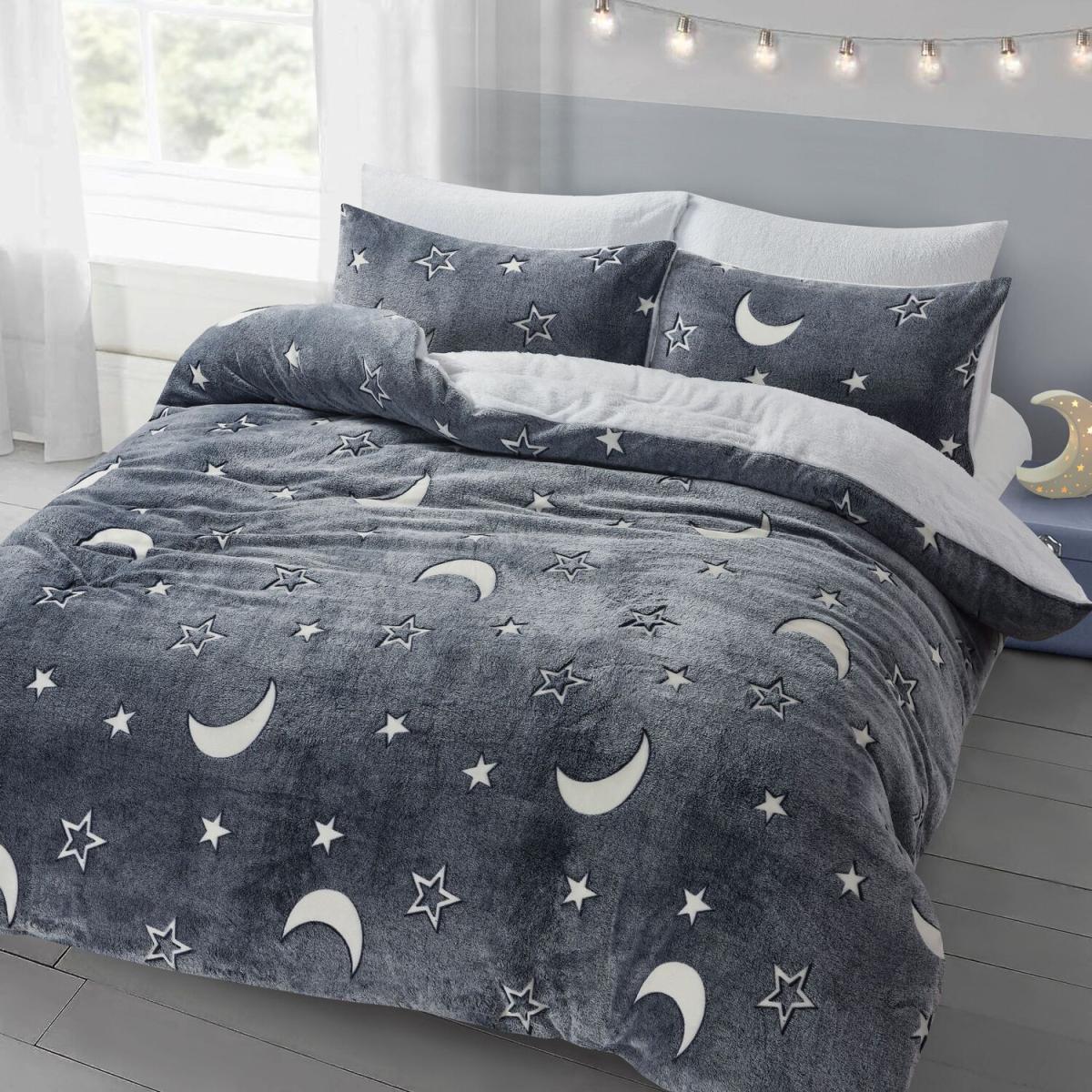 Glow In The Dark Teddy Soft Cosy Fleece Moon and Stars Duvet Set - Navy