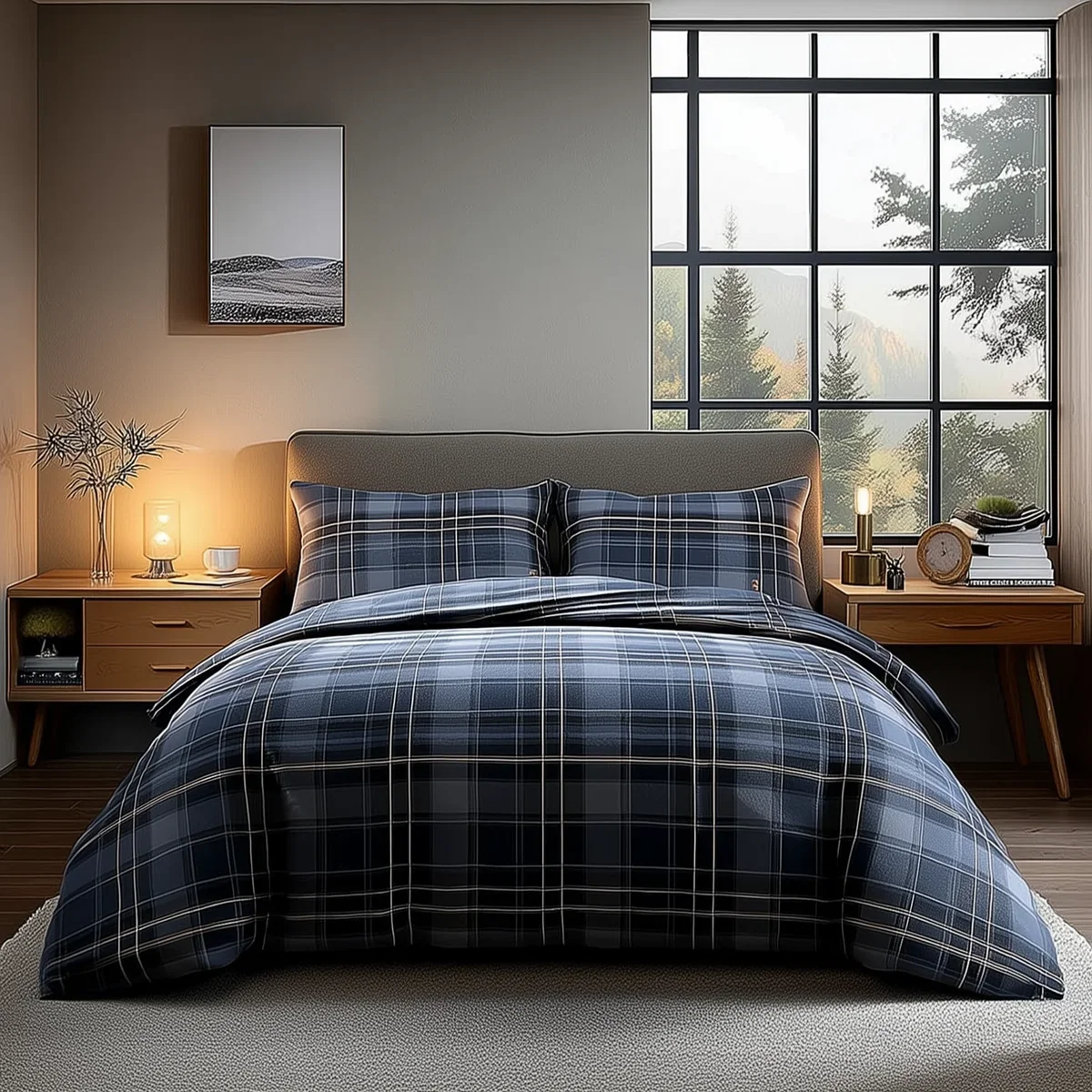 Duvet Cover And Pillowcase Set Indigo Tartan Check Design Polycotton Bed Linen - Indigo / Superking – image 1