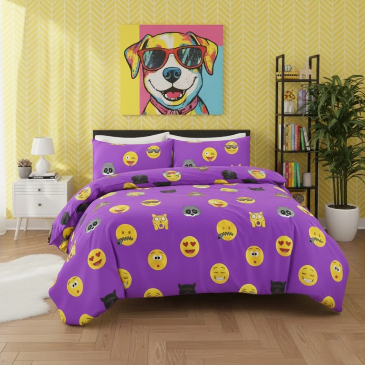 Emoji Print Duvet Cover Set Cool Playful Bedding with Pillowcases - Grey / King – image 1