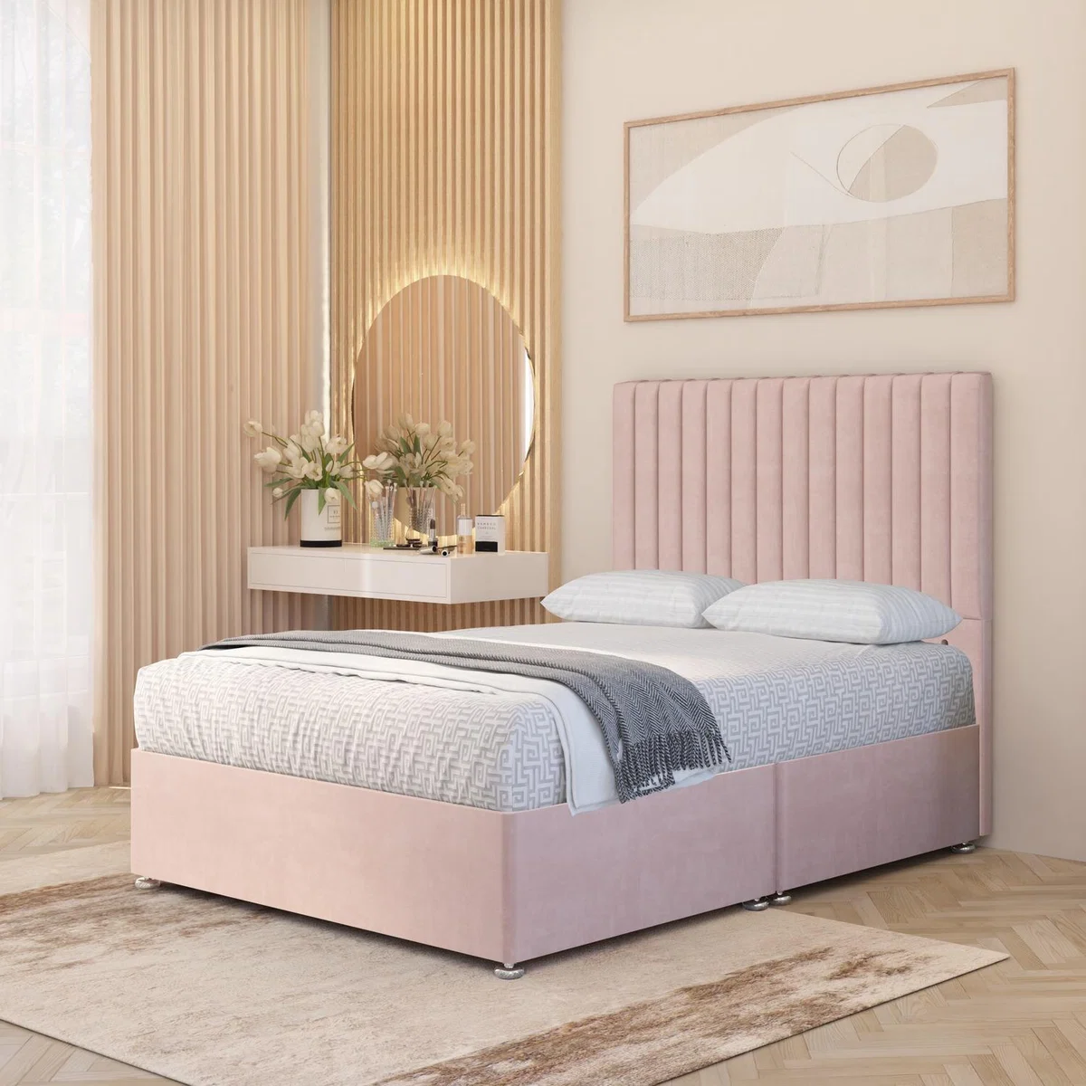 Verona Velvet 4000 Pacific Pocket Sprung Memory Foam Divan Bed Set 54" Headboard - Pink / Small Single / No Drawers