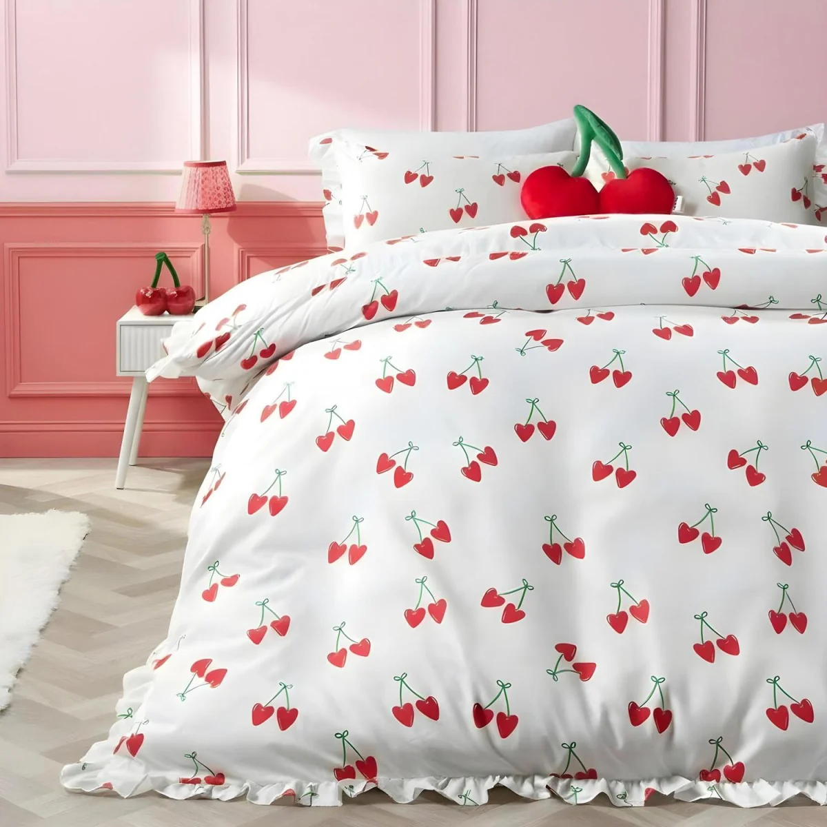 OHS Cherry Print Frill Edge Duvet Set - White/Red / 0.55kg – image 2