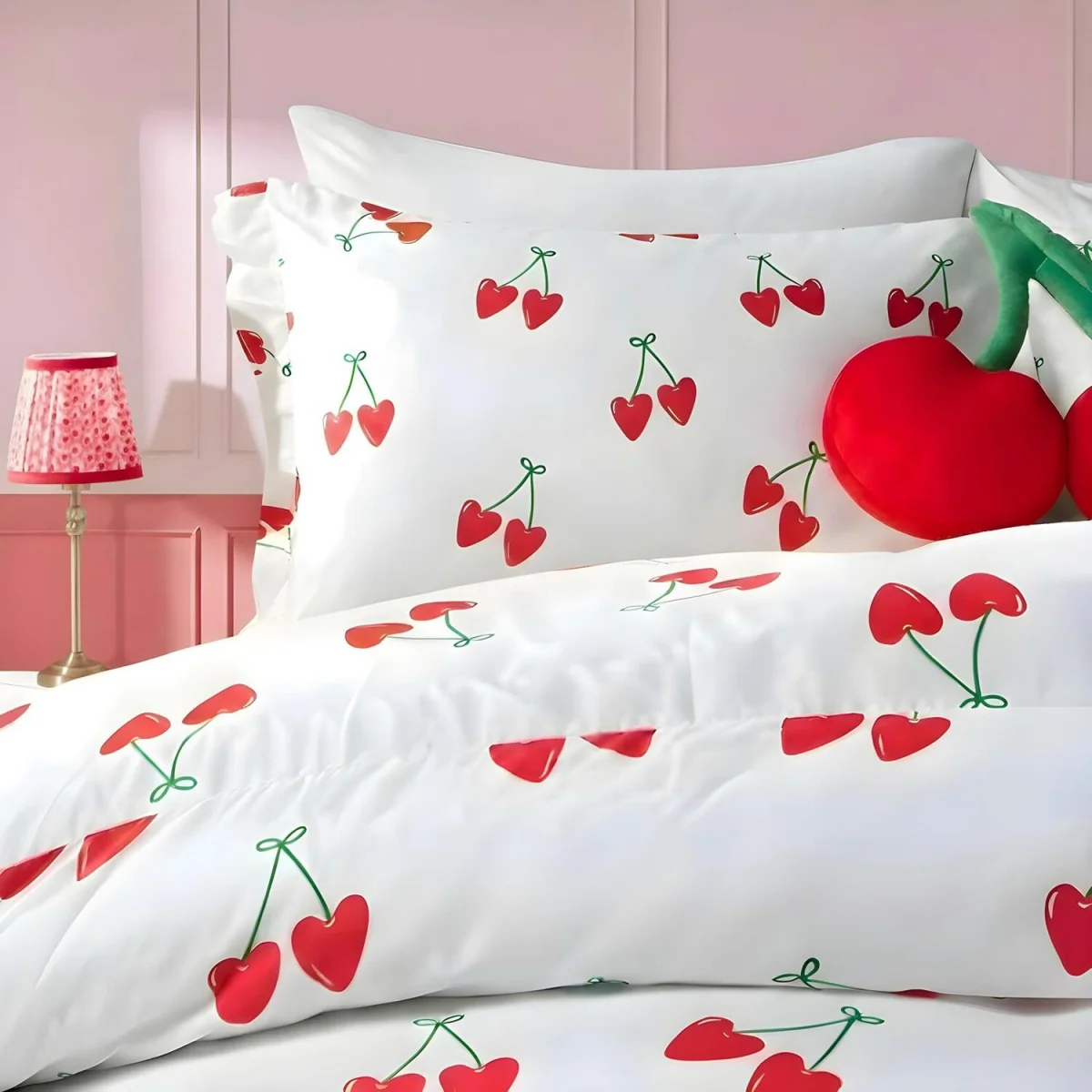OHS Cherry Print Frill Edge Duvet Set - White/Red / 0.55kg – image 3