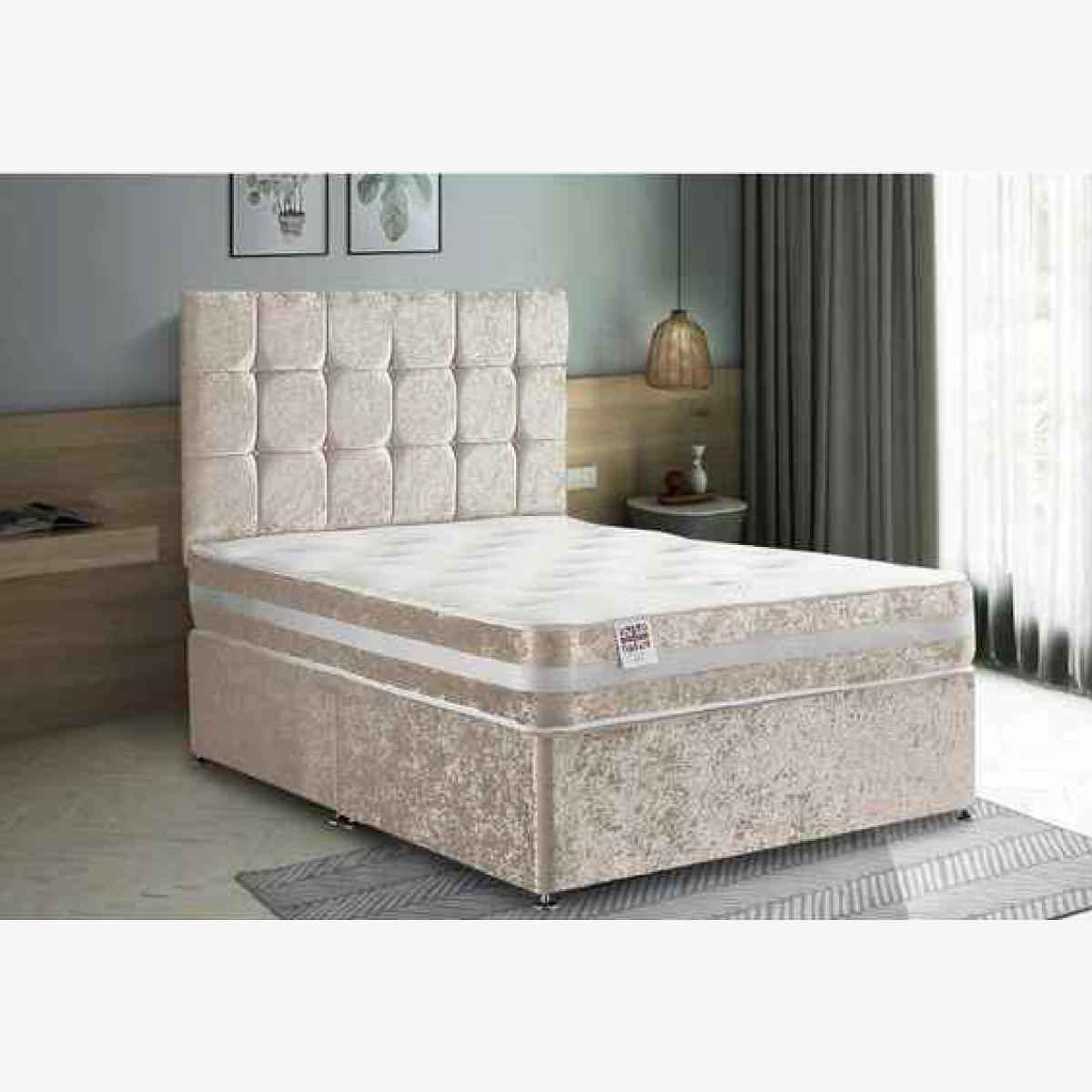 Delia Divan Bed Set with Headboard Mattress-Crushed Fabric,2 Drawers Left Side - Cream / Yellow / Small Double