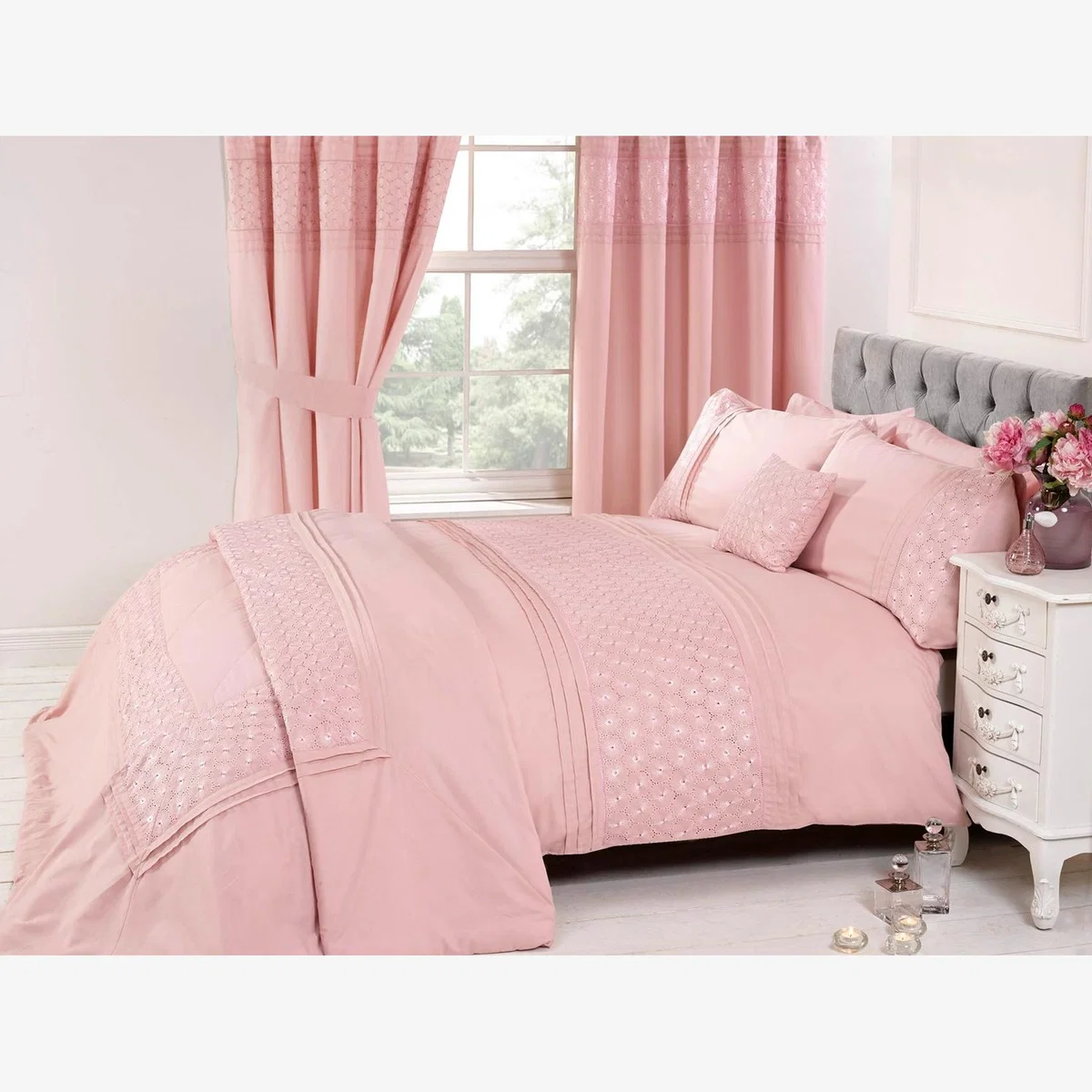Everdean Polycotton Embroidered Duvet Set With Pillowcase - Pink / King