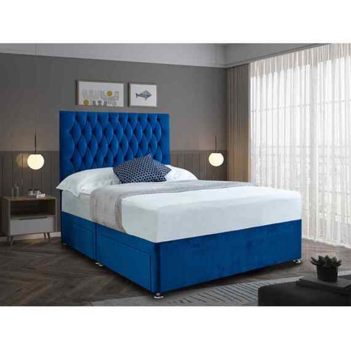 Jemma Divan Bed Set with Headboard Mattress-Plush Fabric, 2 Drawers Left Side - Blue / Small Double