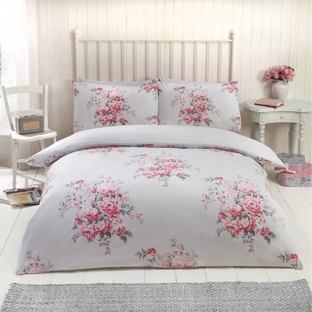 Kate Flannelette Floral Cotton Duvet Set With Pillowcase - Grey