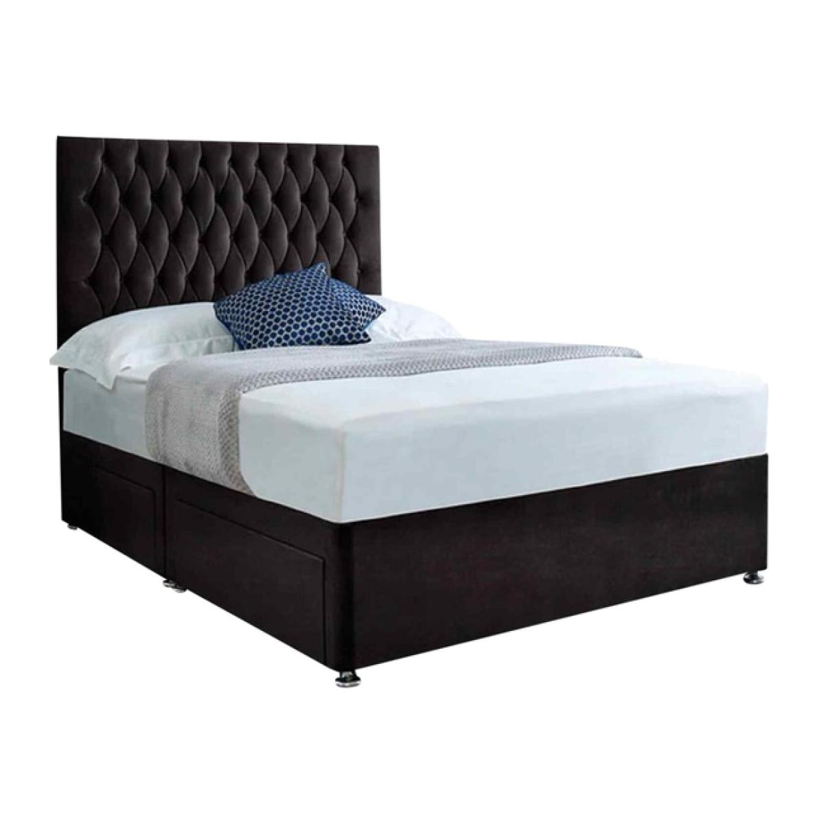 Jemma Divan Bed Set with Headboard and Mattress - Plush Fabric, Non Storage - Black / King