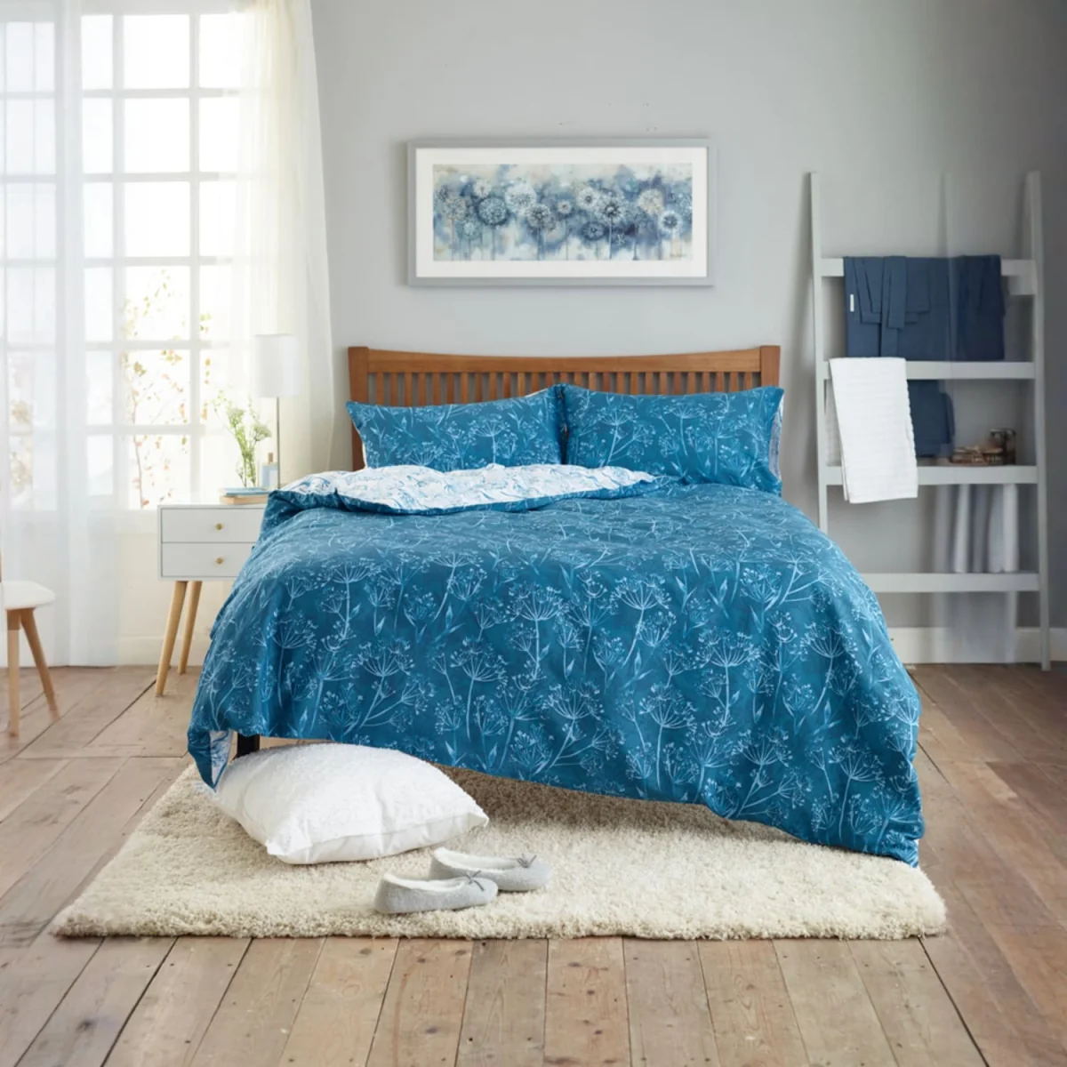 Deyongs Printed 200TC Polycotton Duvet Set - Double, Green, Floral Design - Blue / 200.0cm