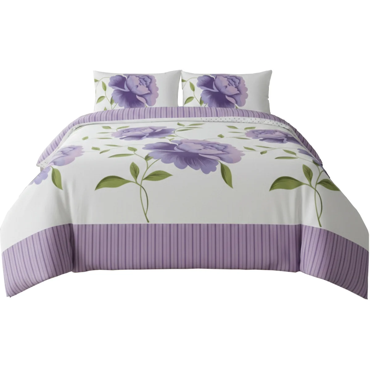 Reversible Floral Duvet Set Elegant Flower Stripe Pattern Bedding for Home Decor - Lilac / King – image 2