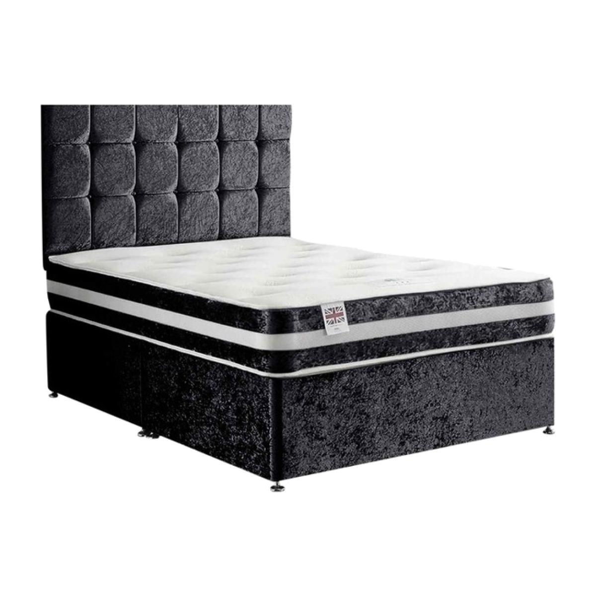 Delia Divan Bed Set with Headboard and Mattress - Crushed Fabric, Non Storage - Black / Small Double